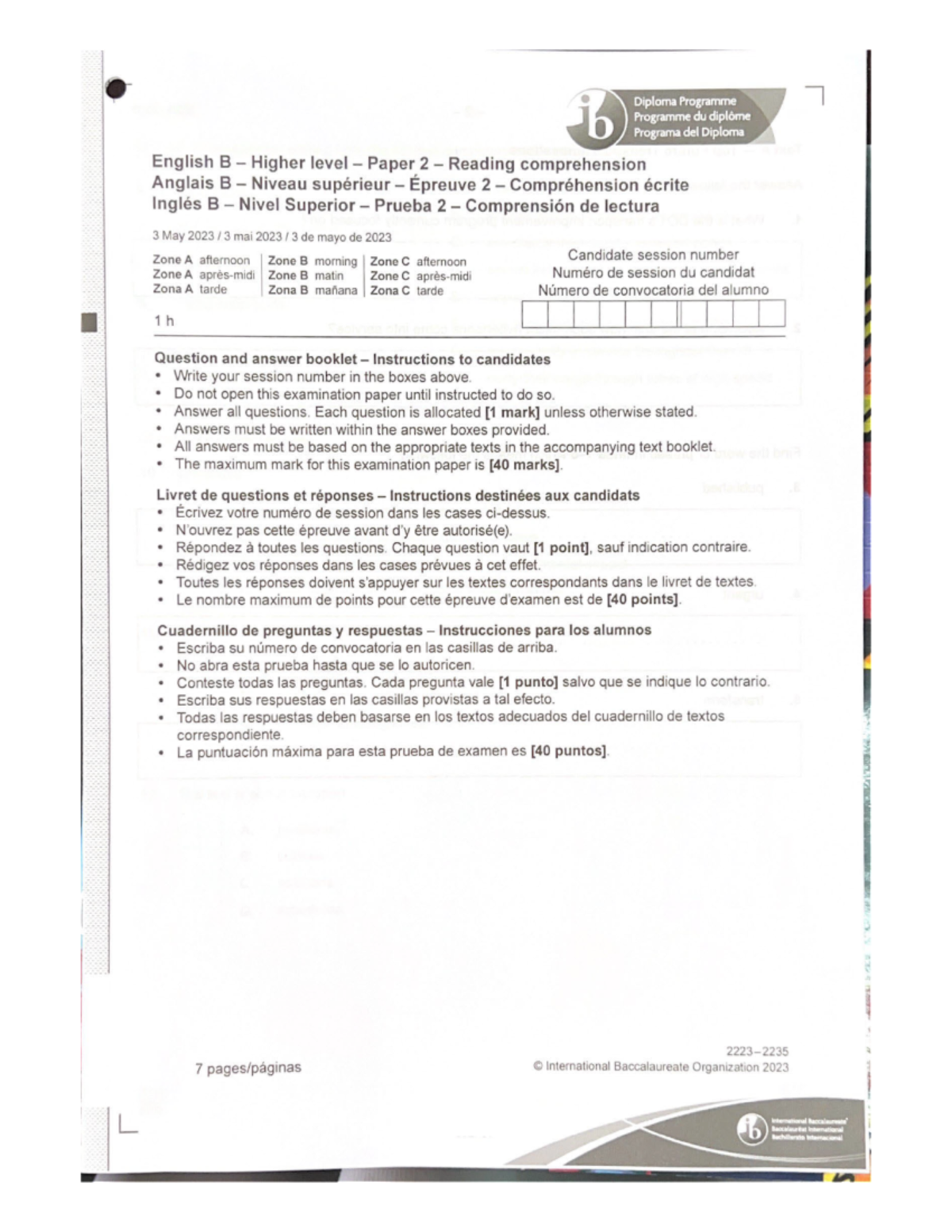 English B Paper 2 Reading Comprehension Question Booklet HL - Studocu