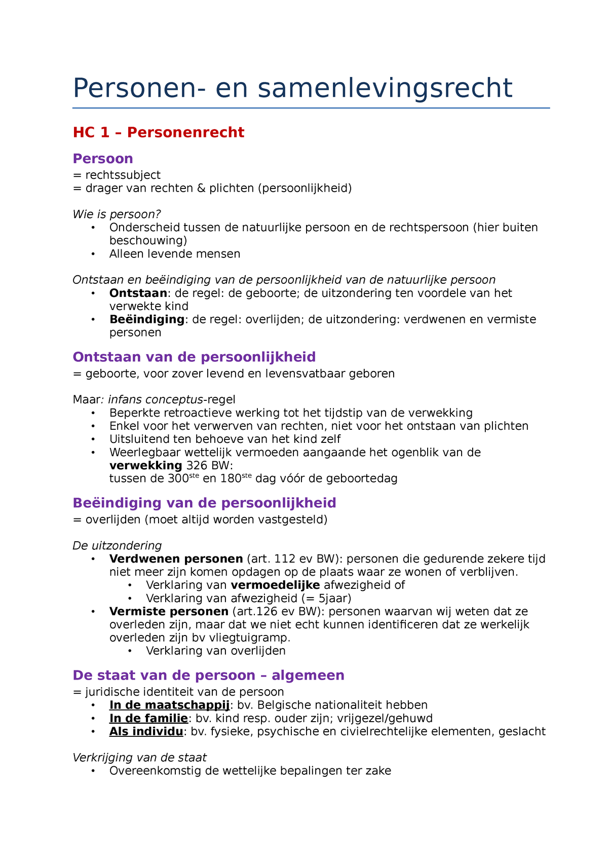 Samenvatting Compendium Van Het Personen- En Familierecht - Personen ...