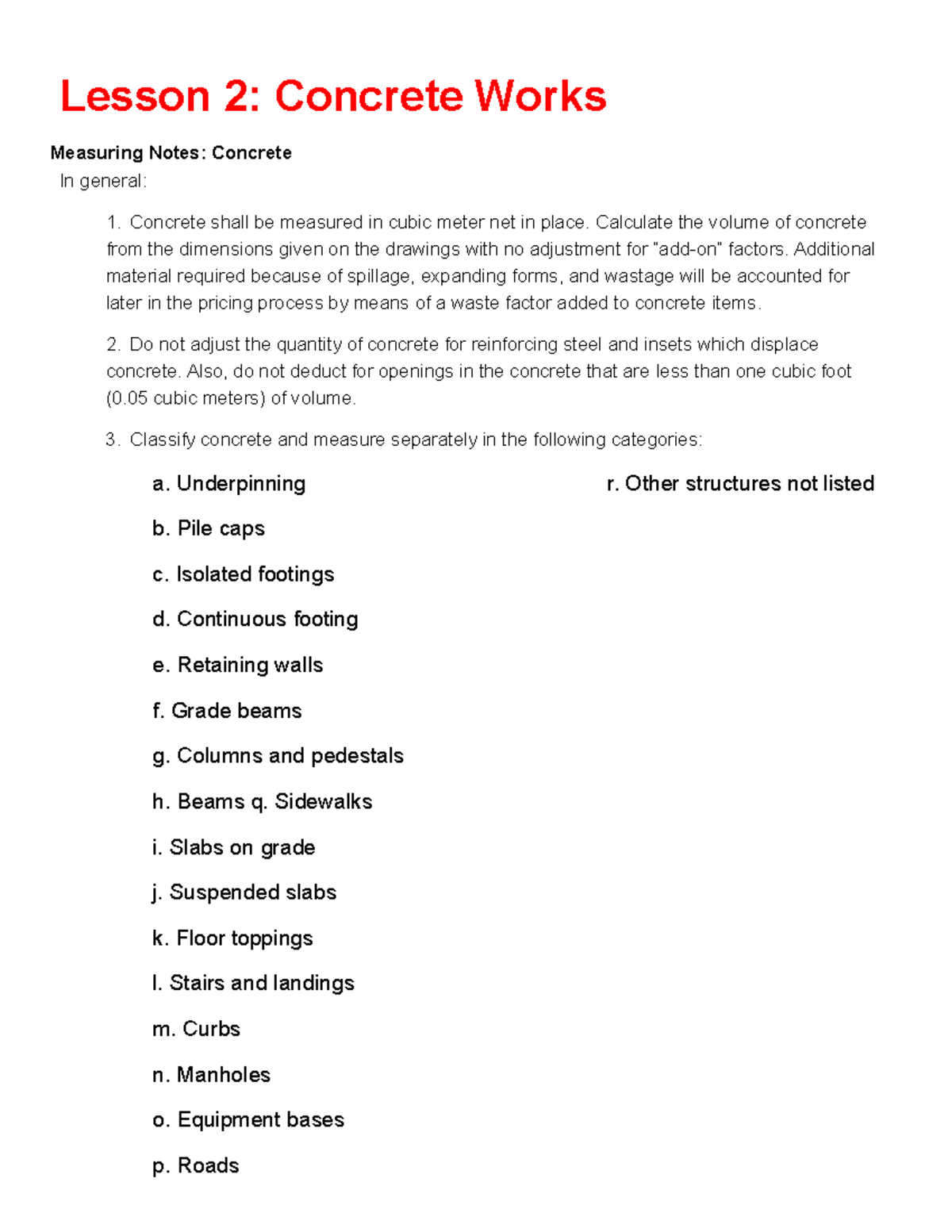 Lesson 2 Concrete Works Lesson 2 Concrete Works Measuring Notes
