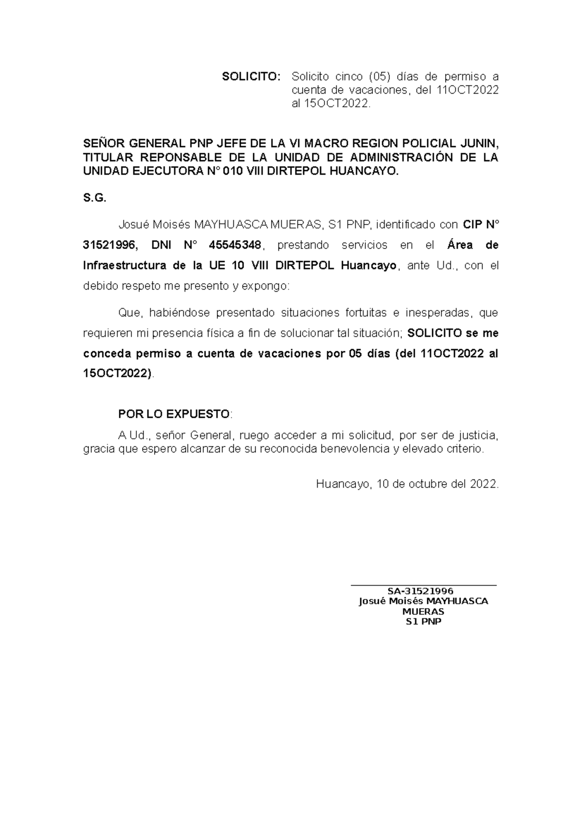 Solicitud De Vacaciones Y Elevaciones 1 Solicito Solicito Cinco 05 Días De Permiso A Cuenta 3029