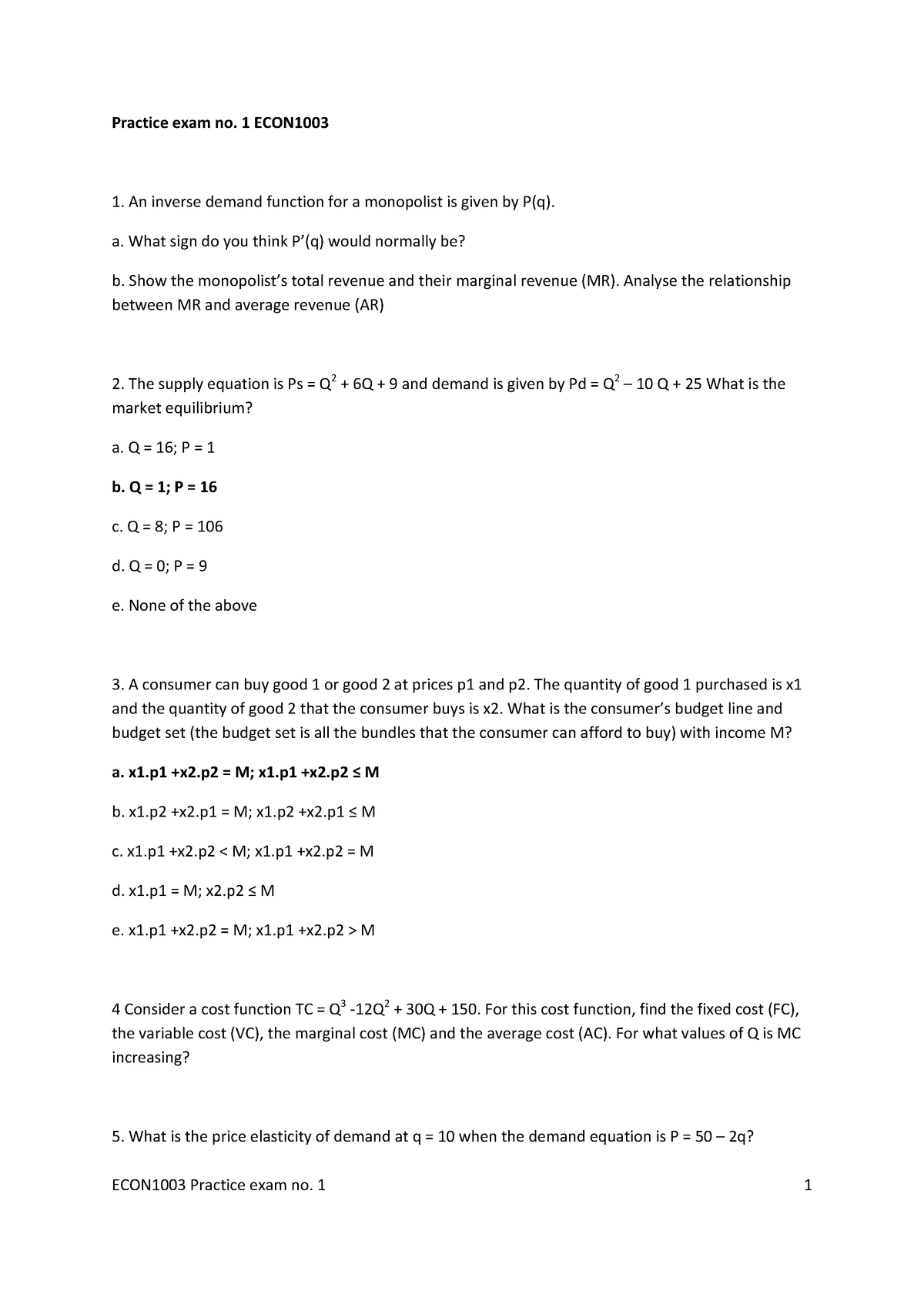 Practiceexam 191ans - econ1003 Quantitative Methods in Economics ...