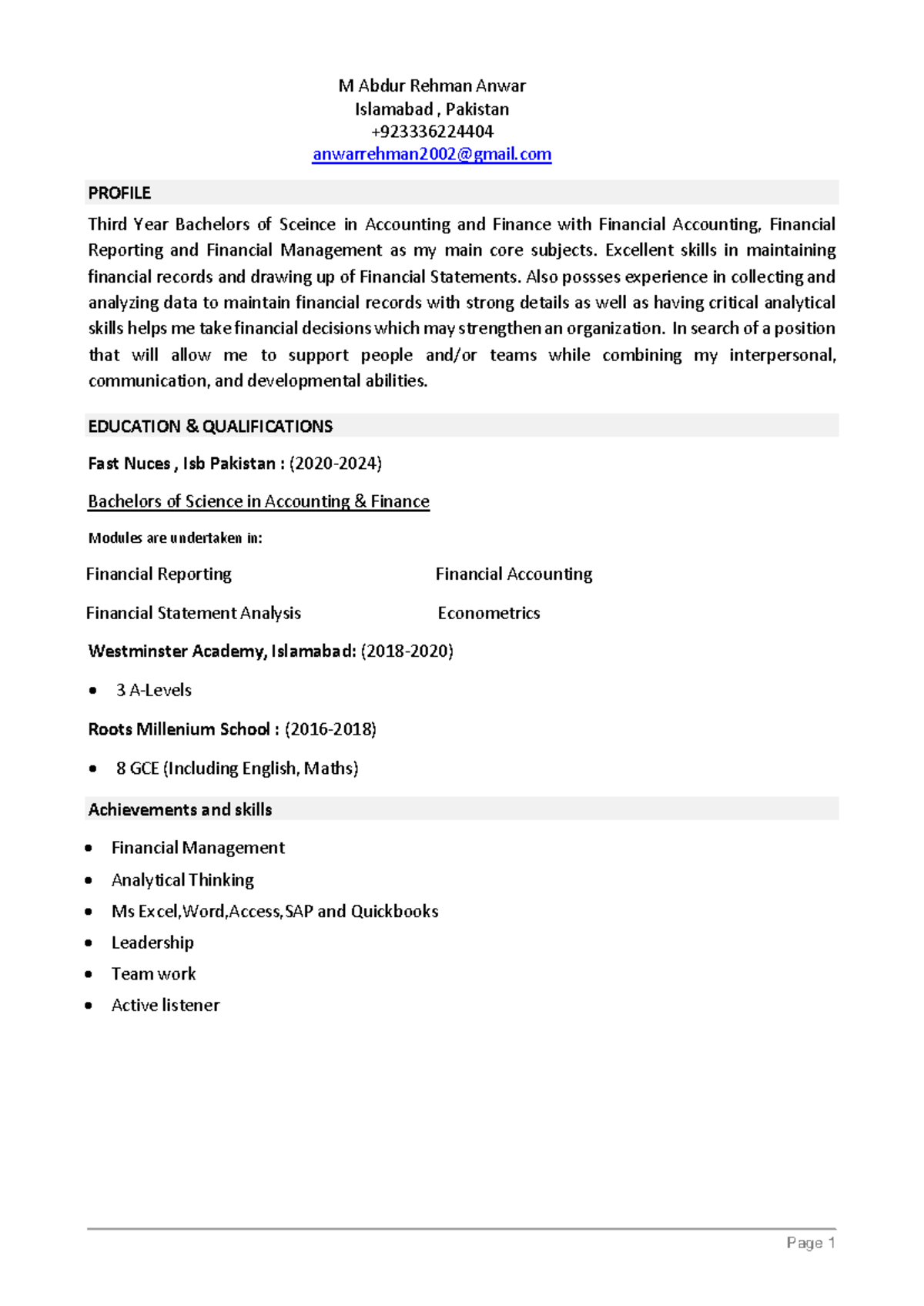 Cv making sample - Page 1 M Abdur Rehman Anwar Islamabad , Pakistan ...