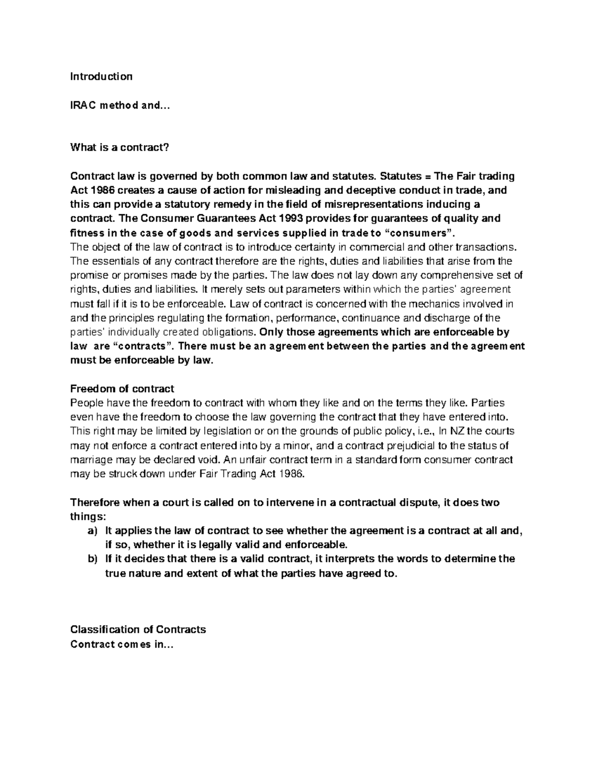 Contracts law lecture notes Introduction IRAC method and... What is a