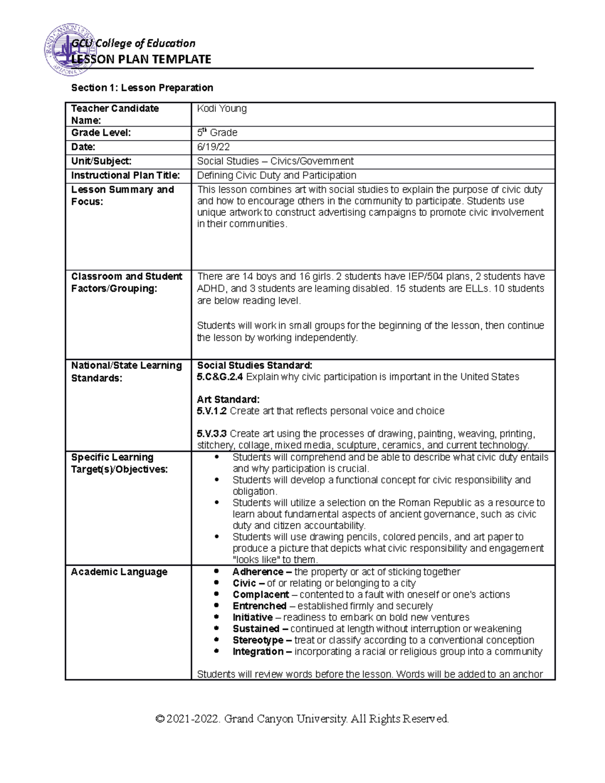 Week 6 Lesson Plan - LESSON PLAN TEMPLATE Section 1: Lesson Preparation ...