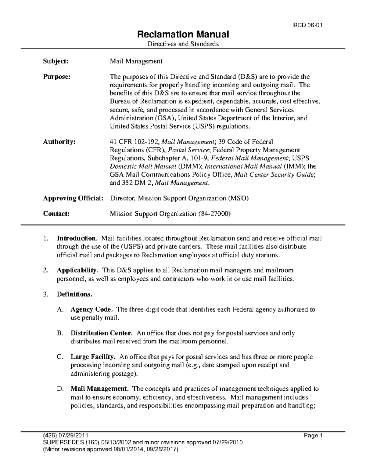 Mailroom Directives and Standards Reclamation Manual Directives and