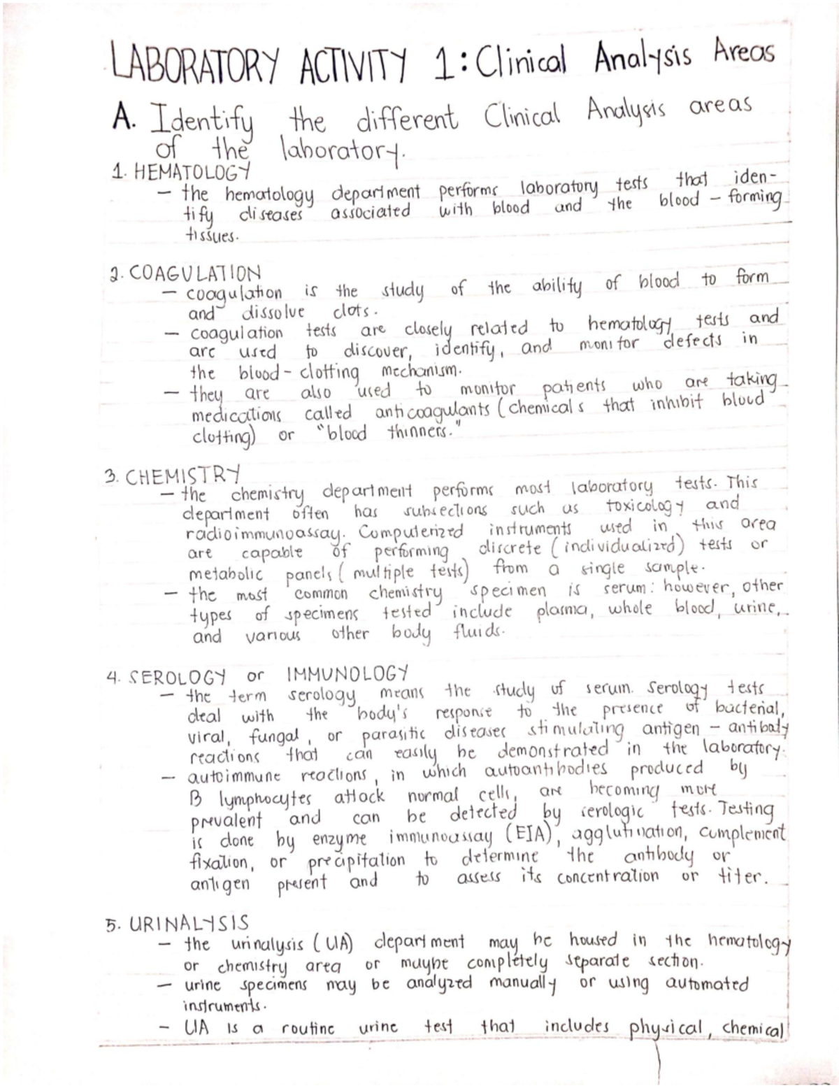 Laboratory Activity 1 Clinical Analysis Areas BS Medical Technology