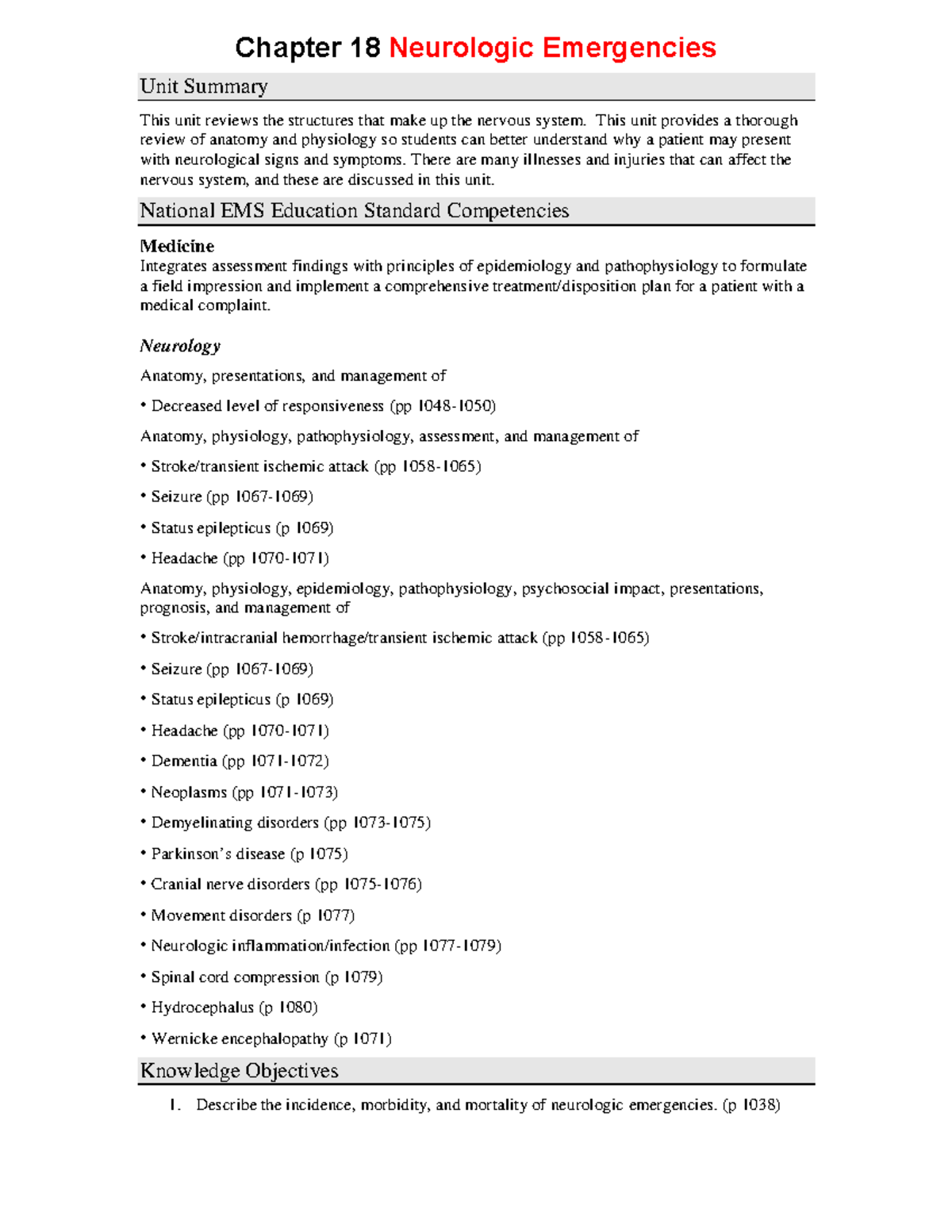 Ch18 Neurologic Emergencies - Chapter 18 Neurologic Emergencies Unit ...