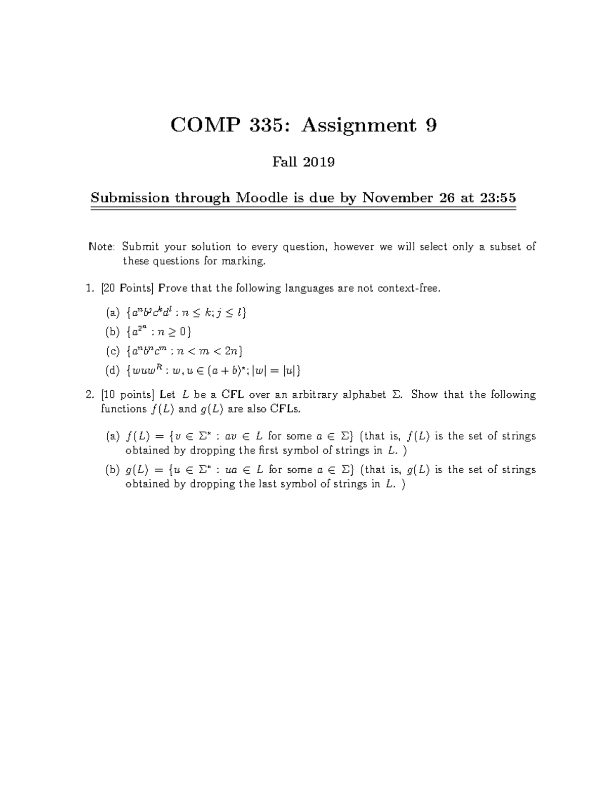 Asg9 Questions Only Comp 335 Assignment 9 Fall 19 Submission Through Moodle Is Due By Studocu