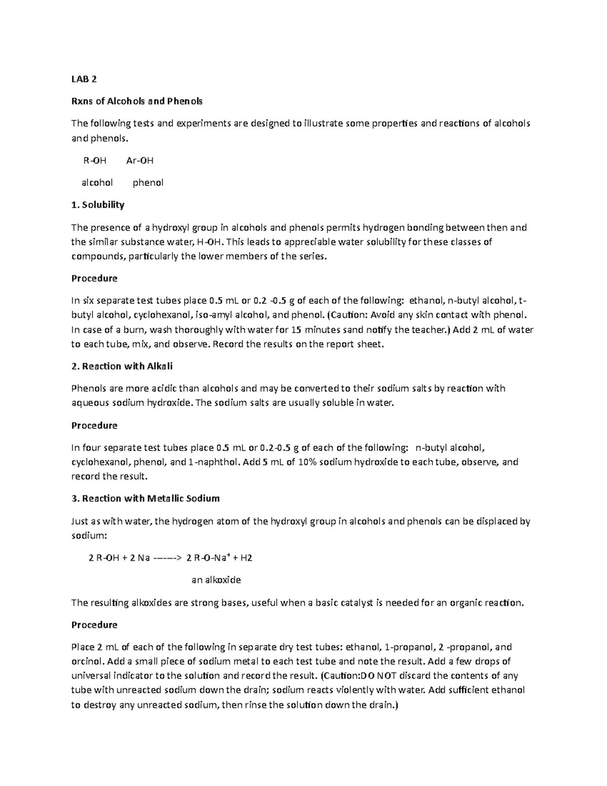 Lab 2 On Alcohol And Phenol - Lab 2 Rxns Of Alcohols And Phenols The 