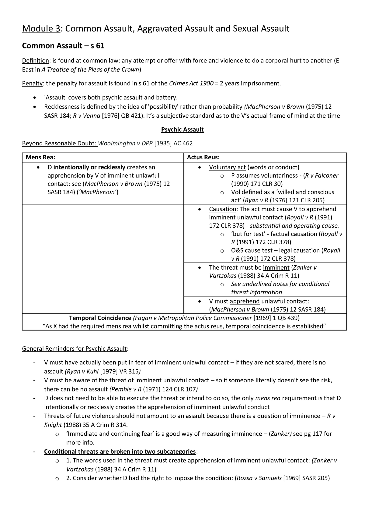 Crim Law Final Exam Notes - Module 3: Common Assault, Aggravated ...