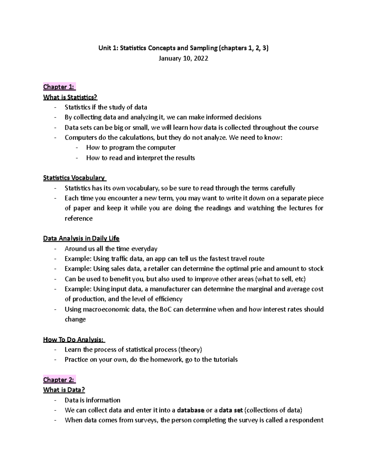 Chapters 1, 2, 3 - Unit 1: Statistics Concepts and Sampling (chapters 1 ...
