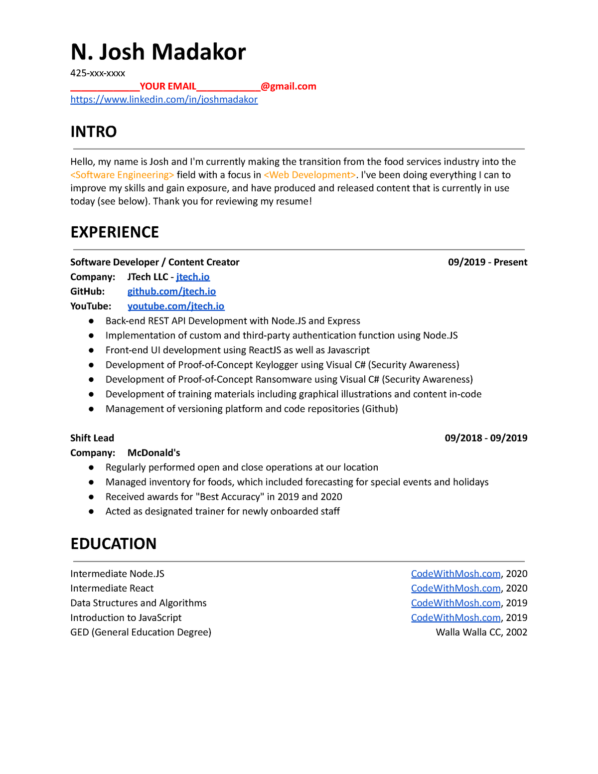 Sample Resume Developer N. Josh Madakor 425xxxxxxx _YOUR EMAIL