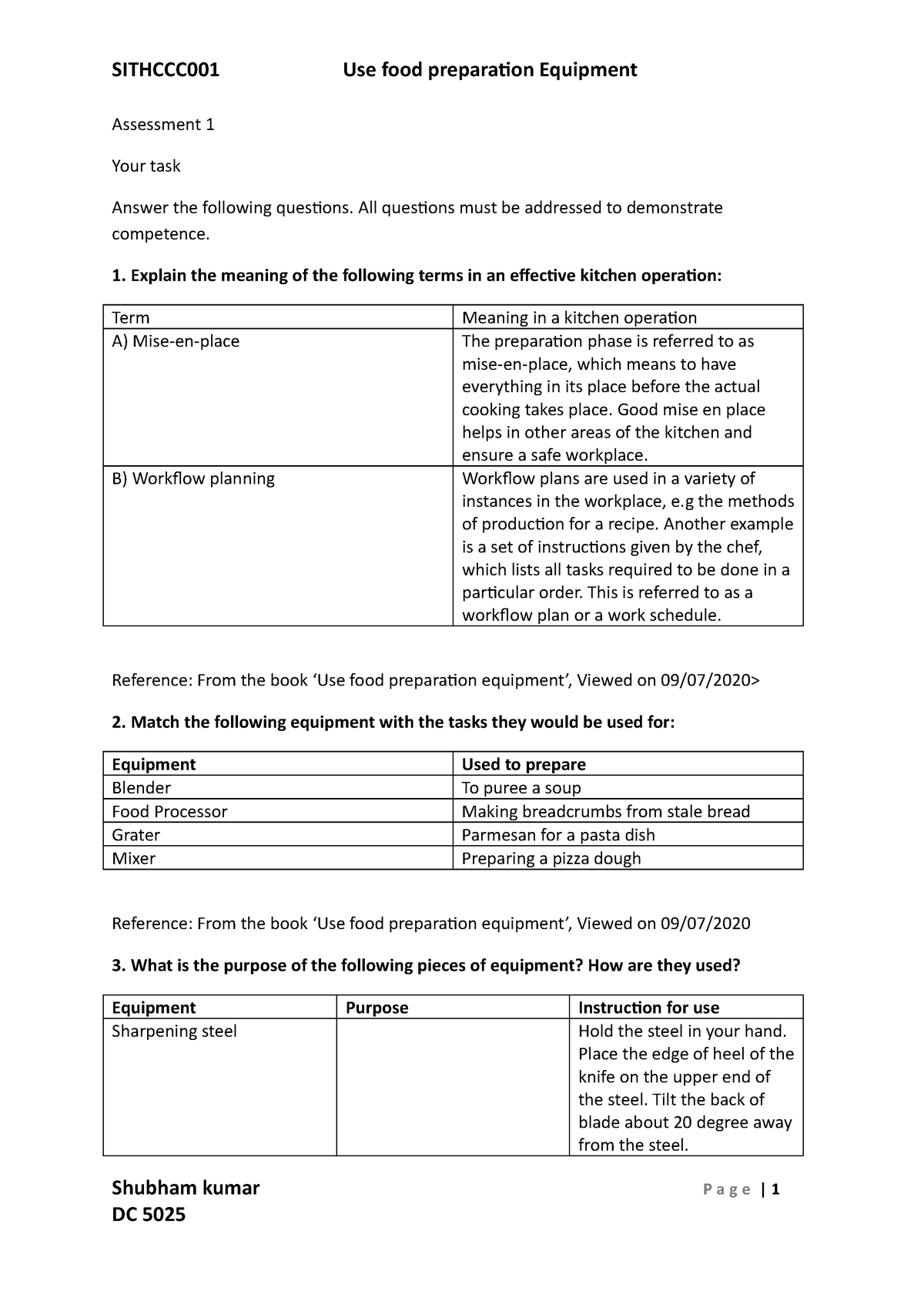 Use Food Preparation Equipment 1290 Written Assessment 1 Your Task 