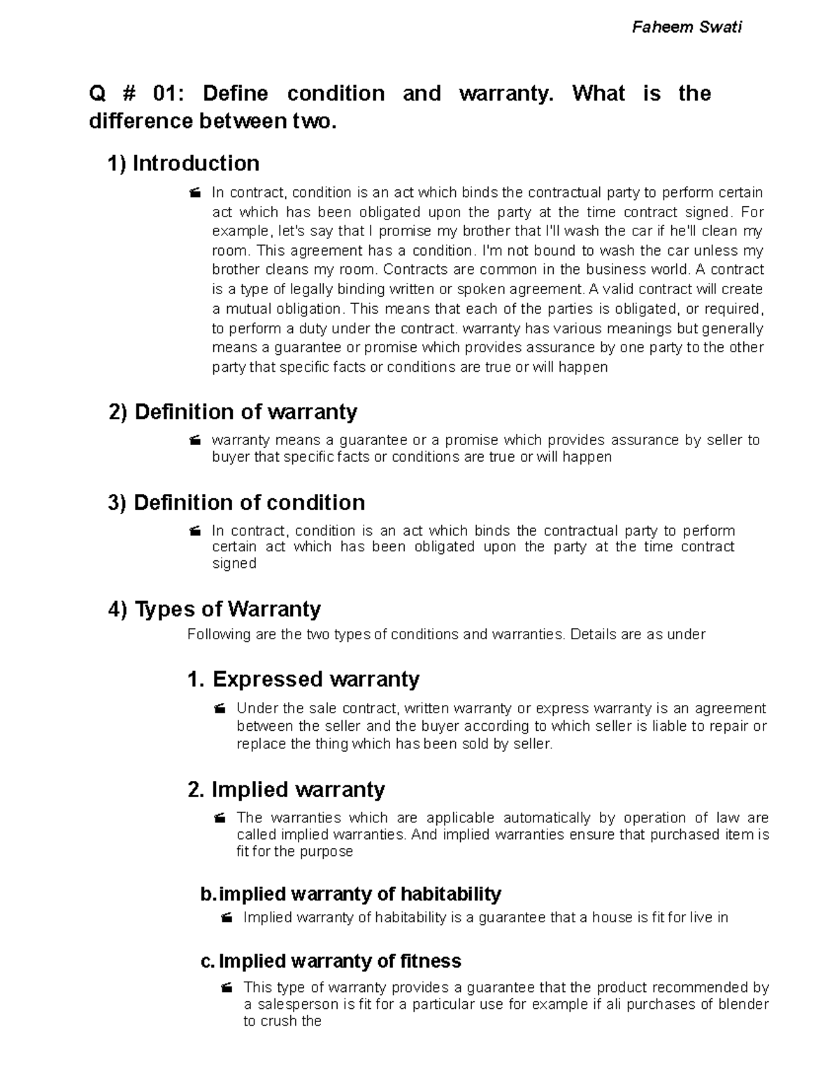 1.Condition warranty Faheem Swati Q 01 Define condition and