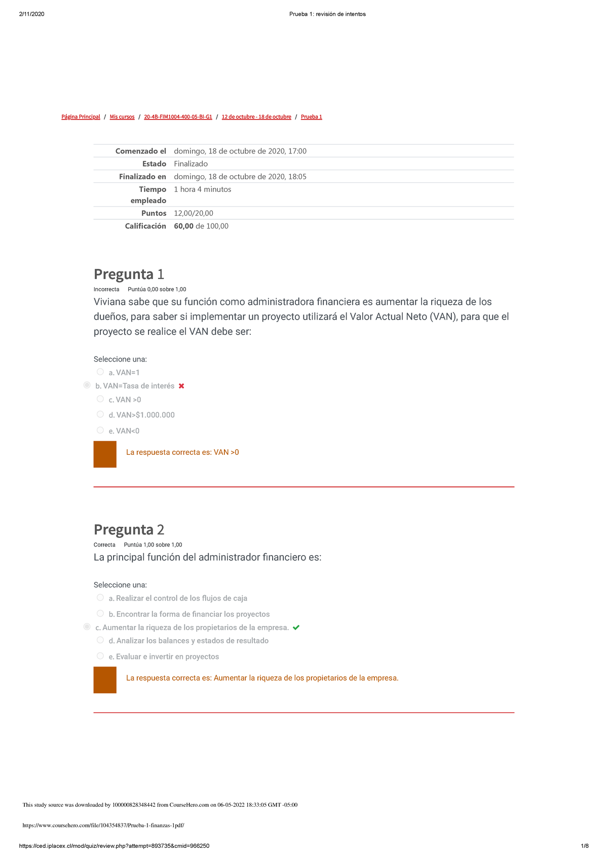 Prueba 1 Finanzas 1 - Página Principal /Mis Cursos/20-4B-FIM1004-400-05 ...