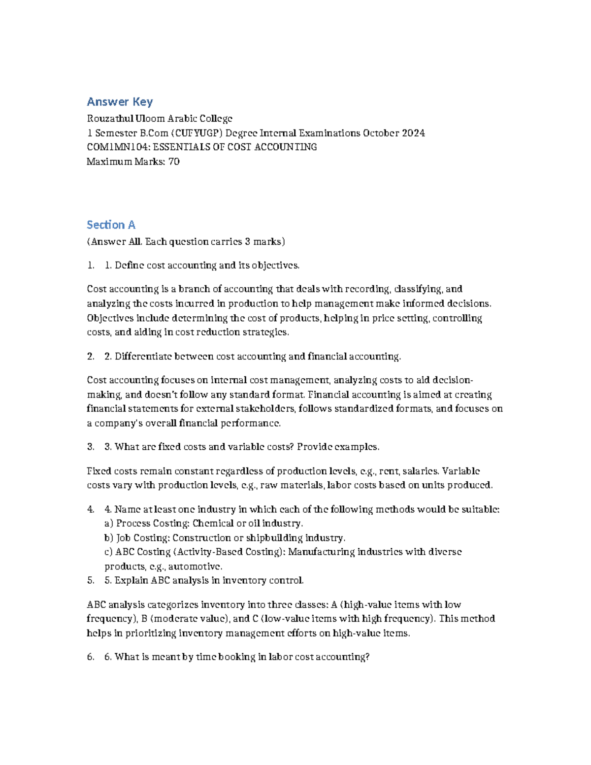 Answer Key Essentials of Cost Accounting - Answer Key Rouzathul Uloom ...