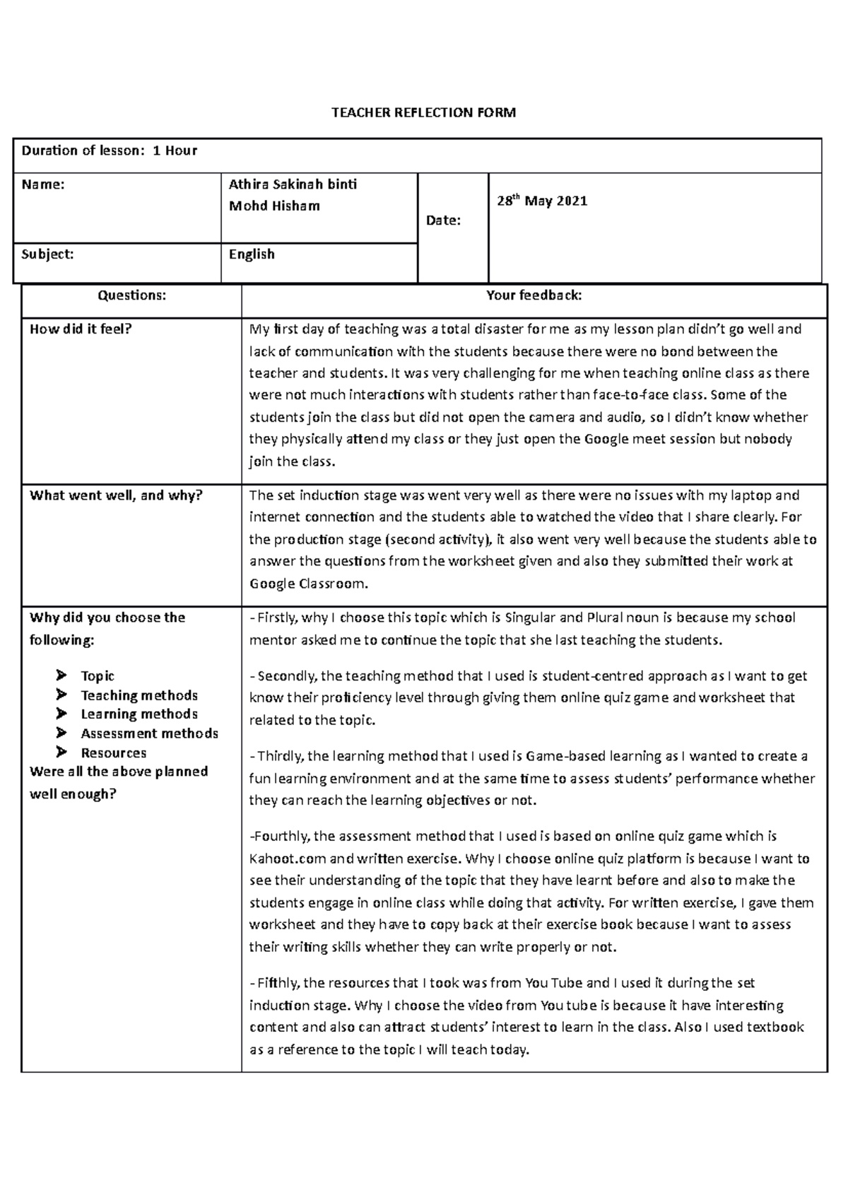 Teacher Reflection FORM- latest - TEACHER REFLECTION FORM Duration of ...