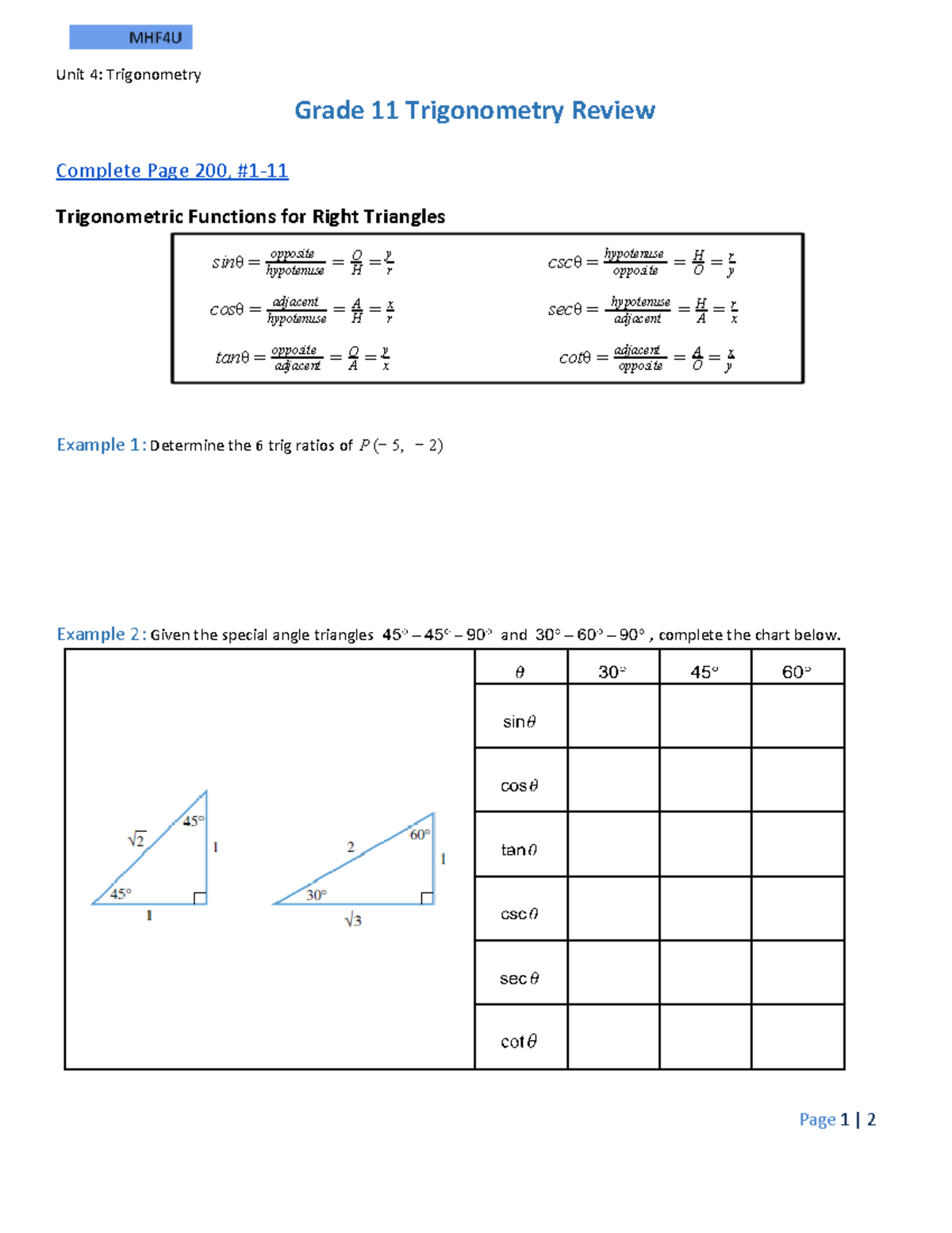 0.0 - Prerequisite Skills - Unit 4: Trigonometry Grade 11 Trigonometry ...