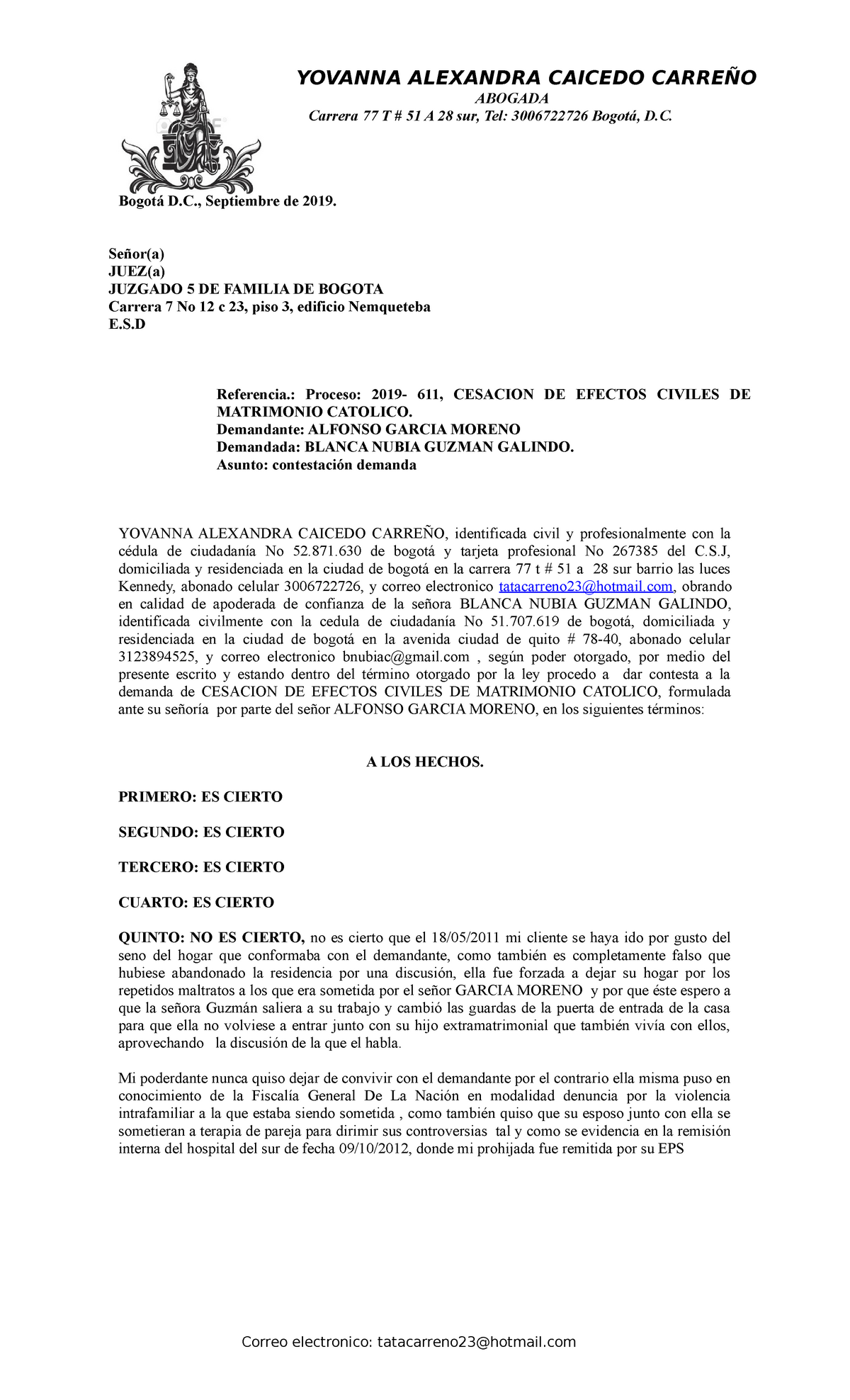 Contestacion demanda divorcio y posterior liquidacion de la sociedad  conyugal - ABOGADA Carrera 77 T - Studocu