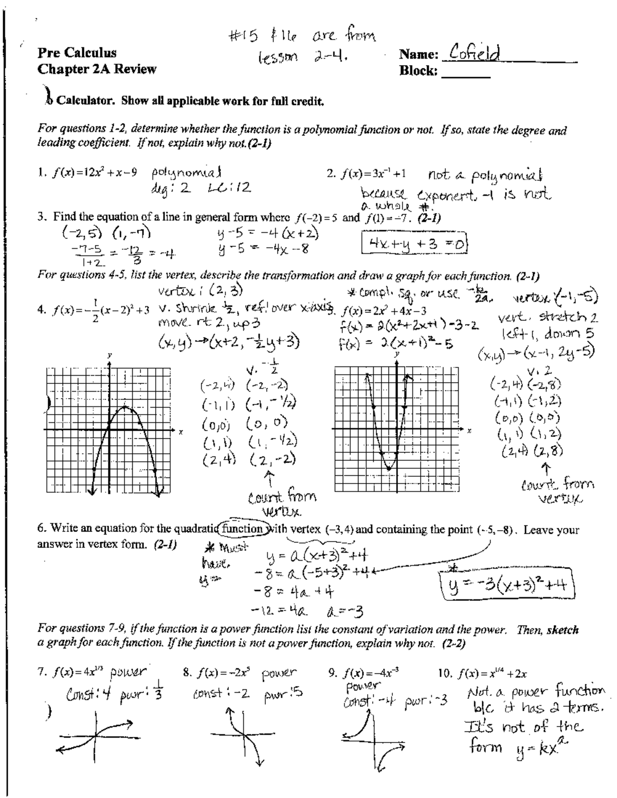 Precalc - Chapter 2A Review Solutions - Studocu