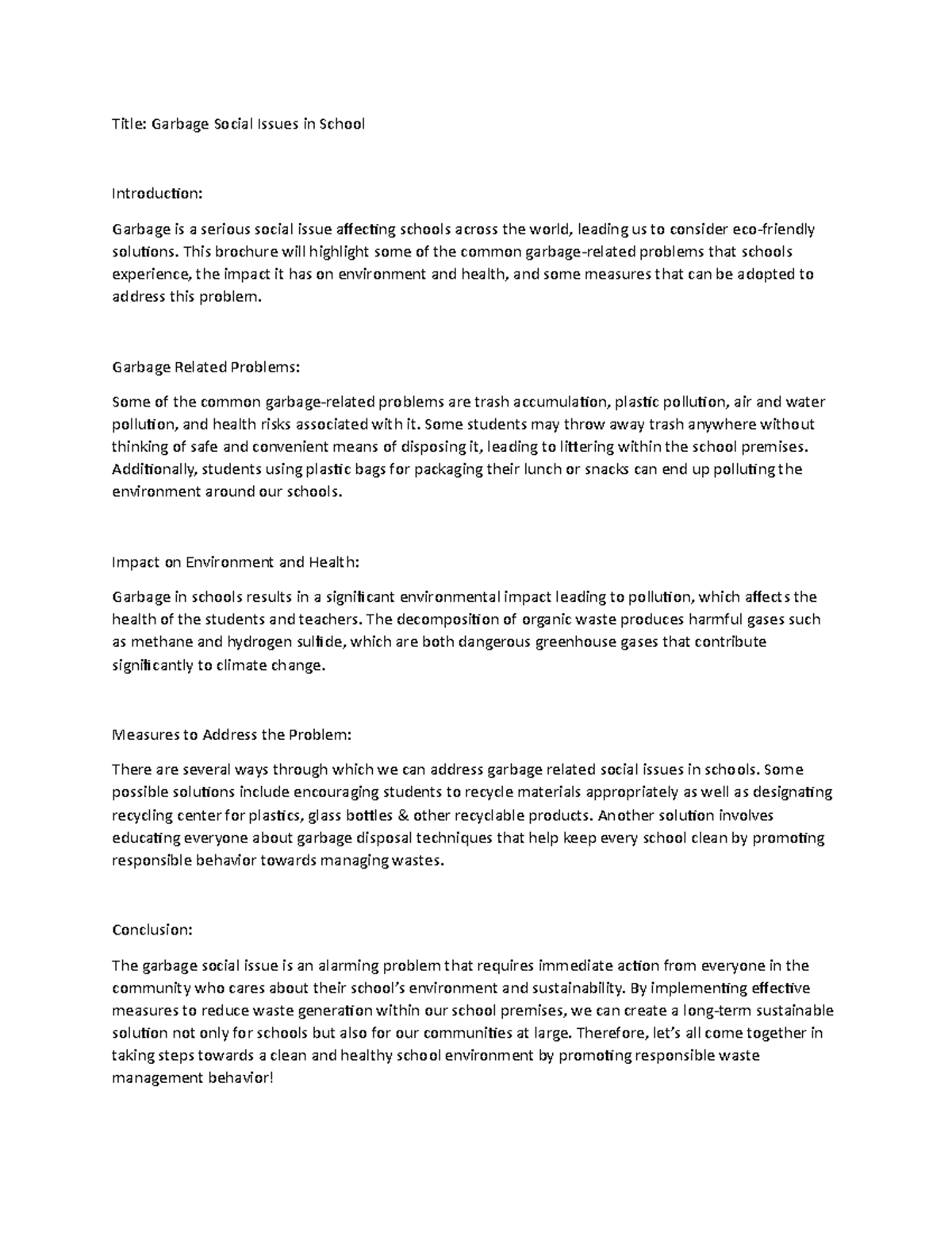 Document - ssQ - Title: Garbage Social Issues in School Introduction ...