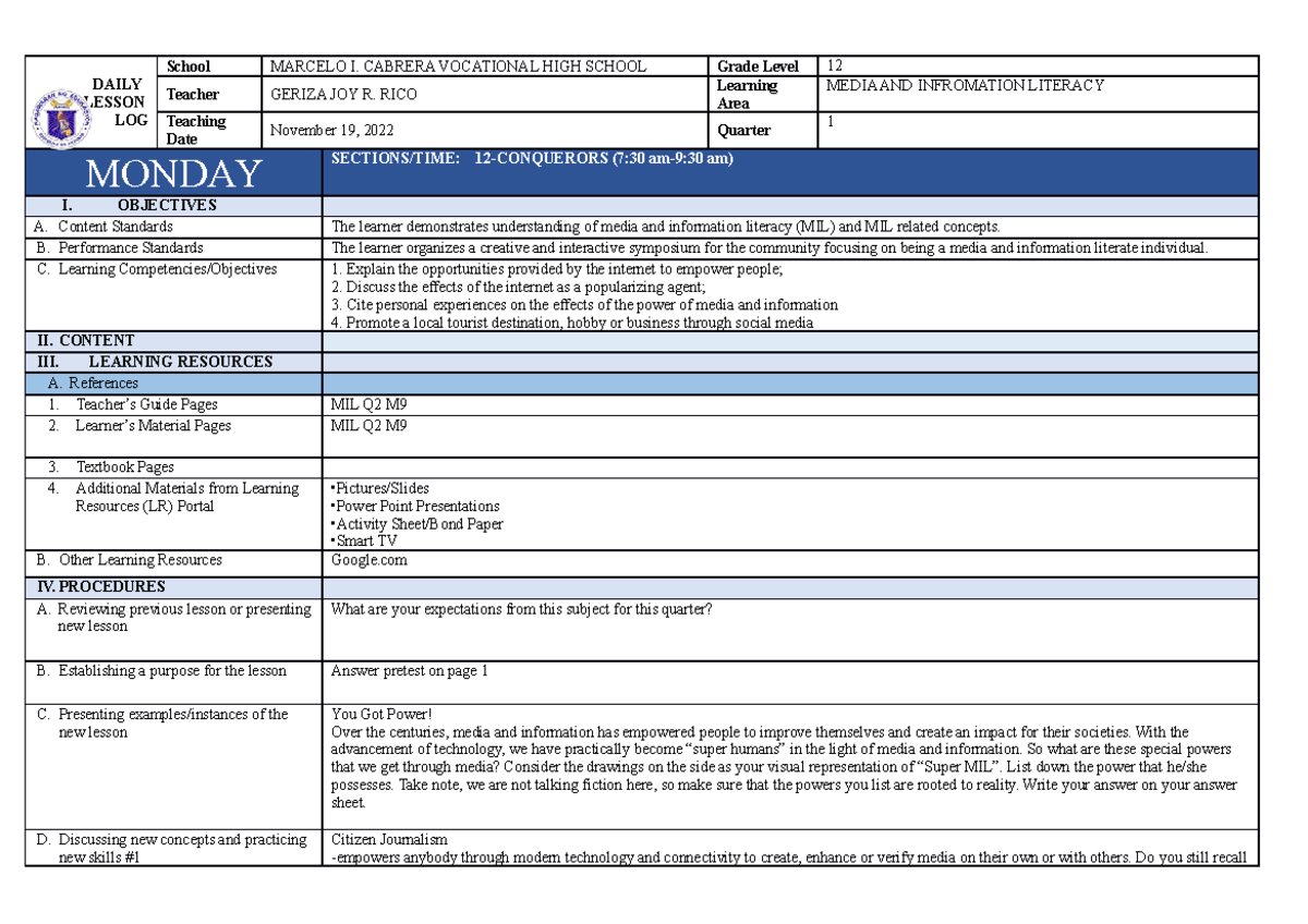 ~$L MIL Q2 M9 - Lesson Plan - DAILY LESSON LOG School MARCELO I ...