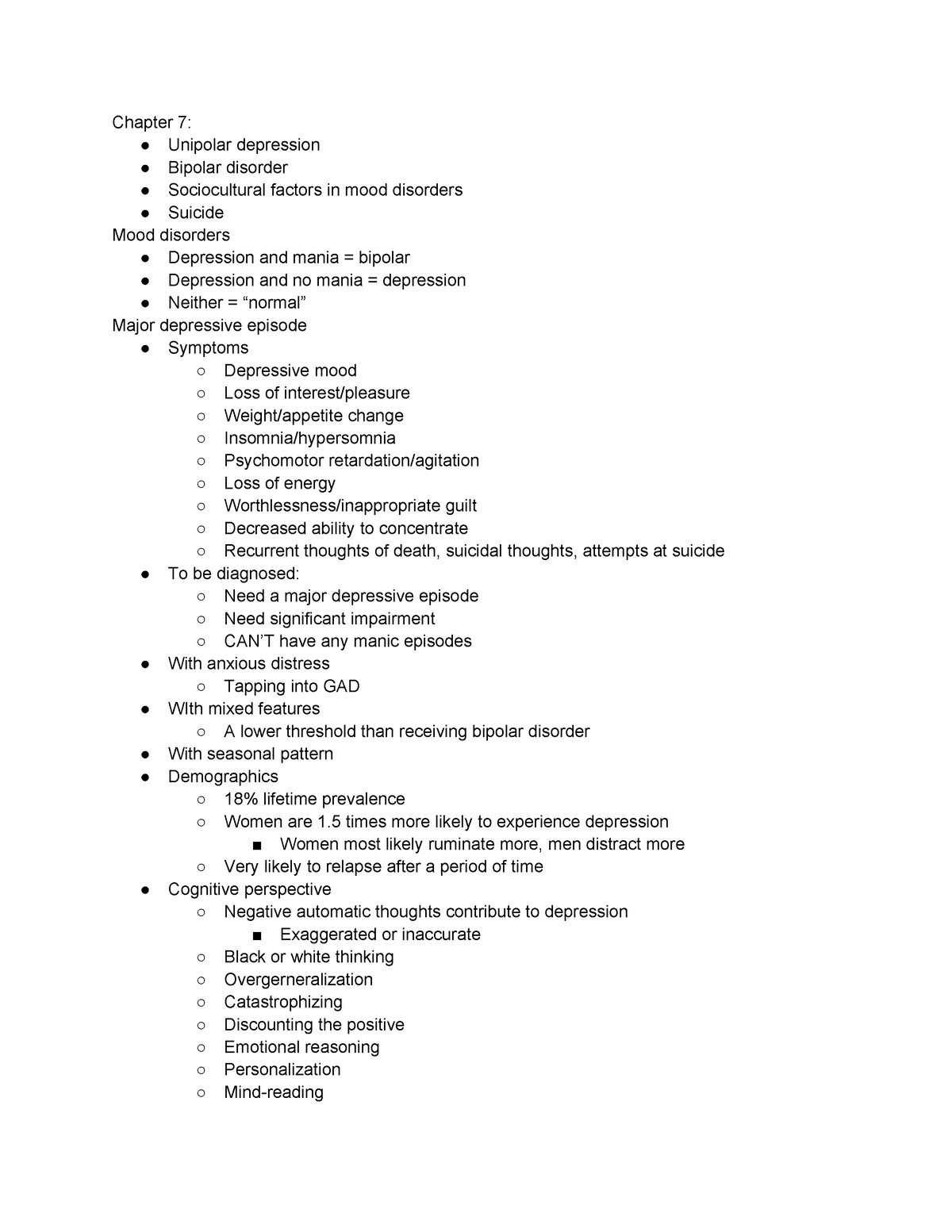 Chapter 7 Notes - Summary Abnormal Psychology - Chapter 7: Unipolar ...