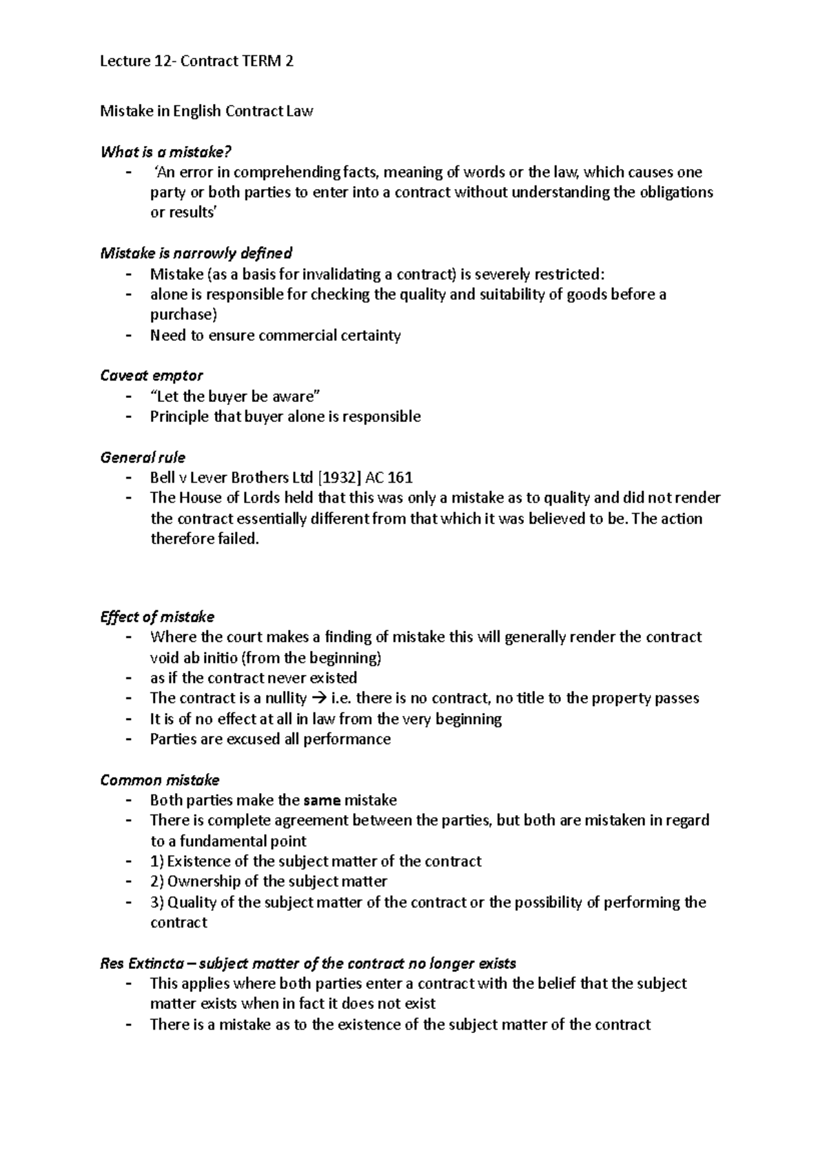 Lecture 12 Contract TERM 2 studocu - Mistake in English Contract Law ...