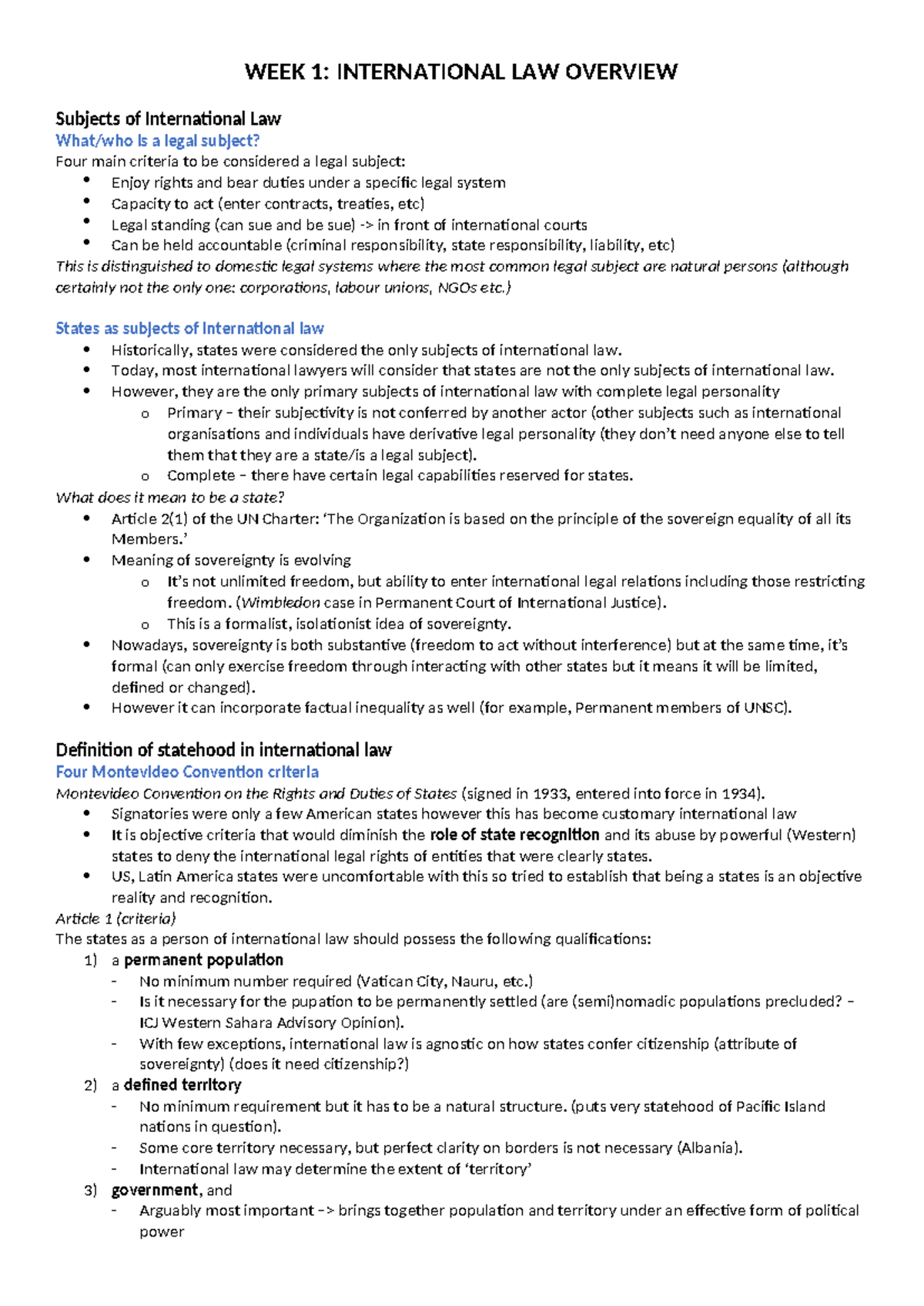 International Law notes - WEEK 1: INTERNATIONAL LAW OVERVIEW Subjects ...
