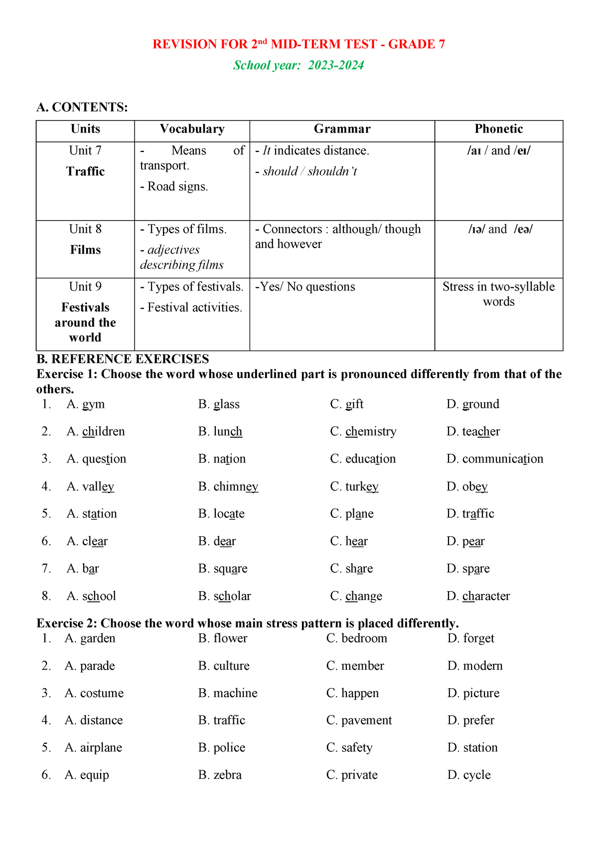 De cuong GK2 Tieng Anh 7 Global success - REVISION FOR 2 nd MID-TERM ...