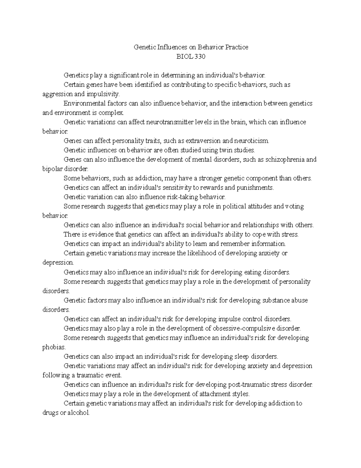 Genetic Influences on Behavior Practice practice materials - Genetic ...