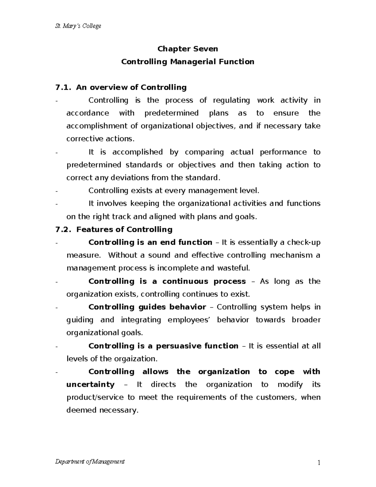 Chapter Seven - Good - Chapter Seven Controlling Managerial Function 7 ...