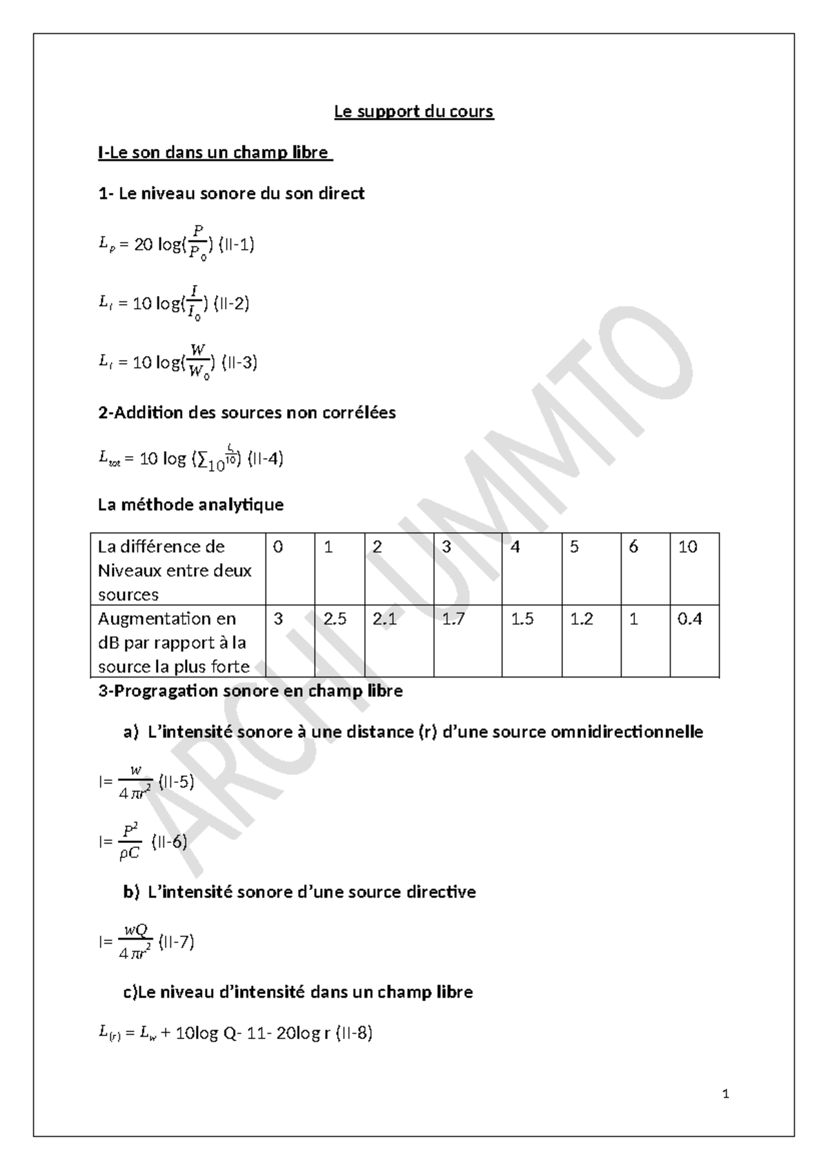 Les Formules du cours - Le support du cours I-Le son dans un champ ...