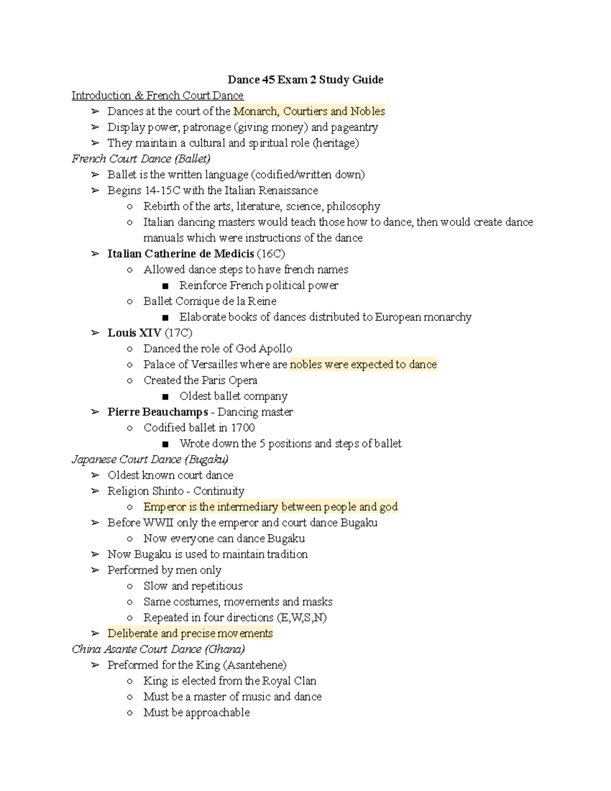 Exam 2 Study Guide - Dance 45 Exam 2 Study Guide Introduction & French ...