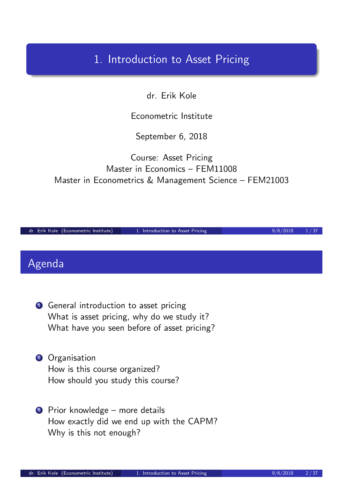 Lecture 1 1 Introduction To Asset Pricing Dr Erik Kole Econometric Institute September 6 2018 Studeersnel