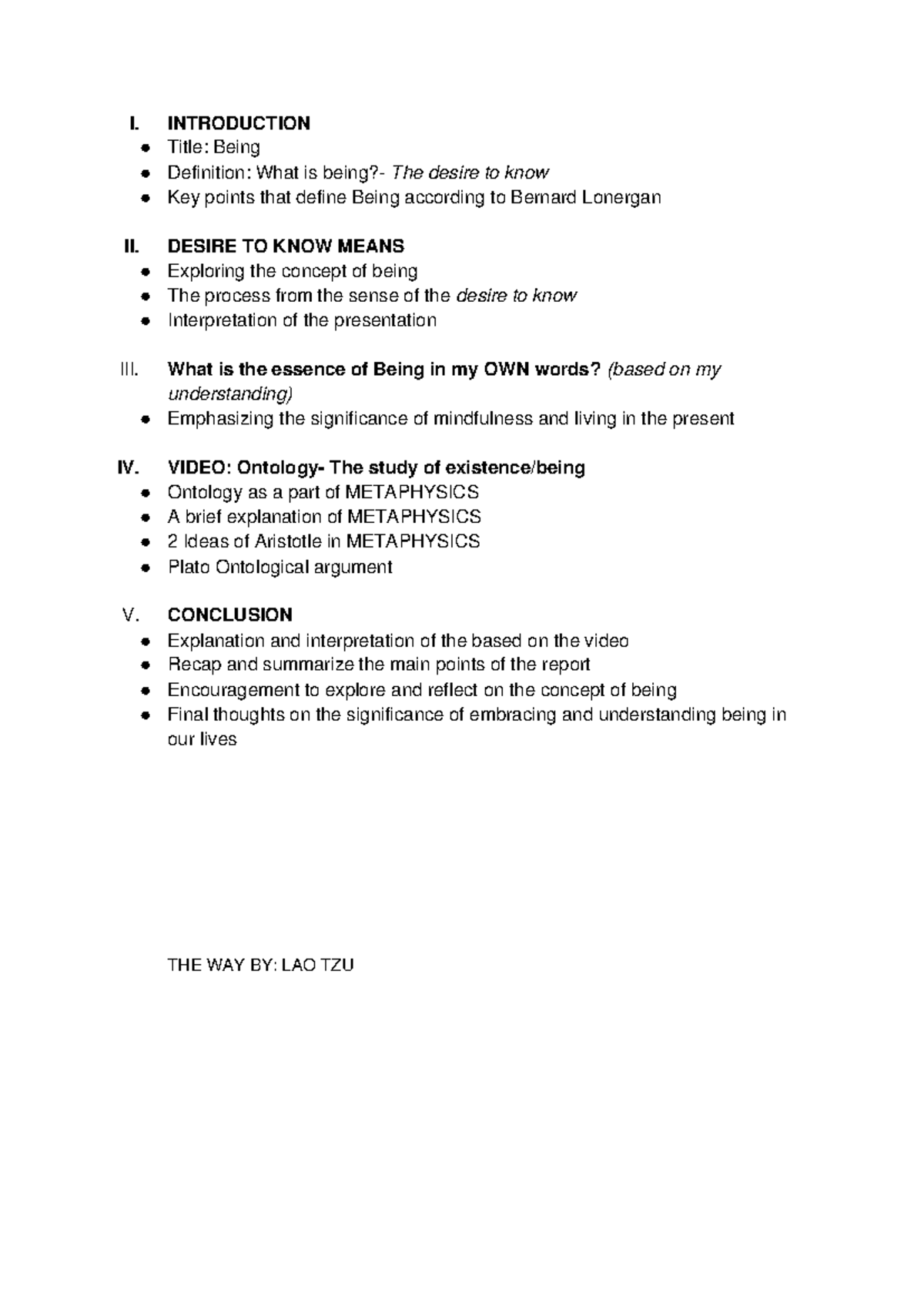 Metaphysics Report Outline - I. INTRODUCTION Title: Being Definition ...