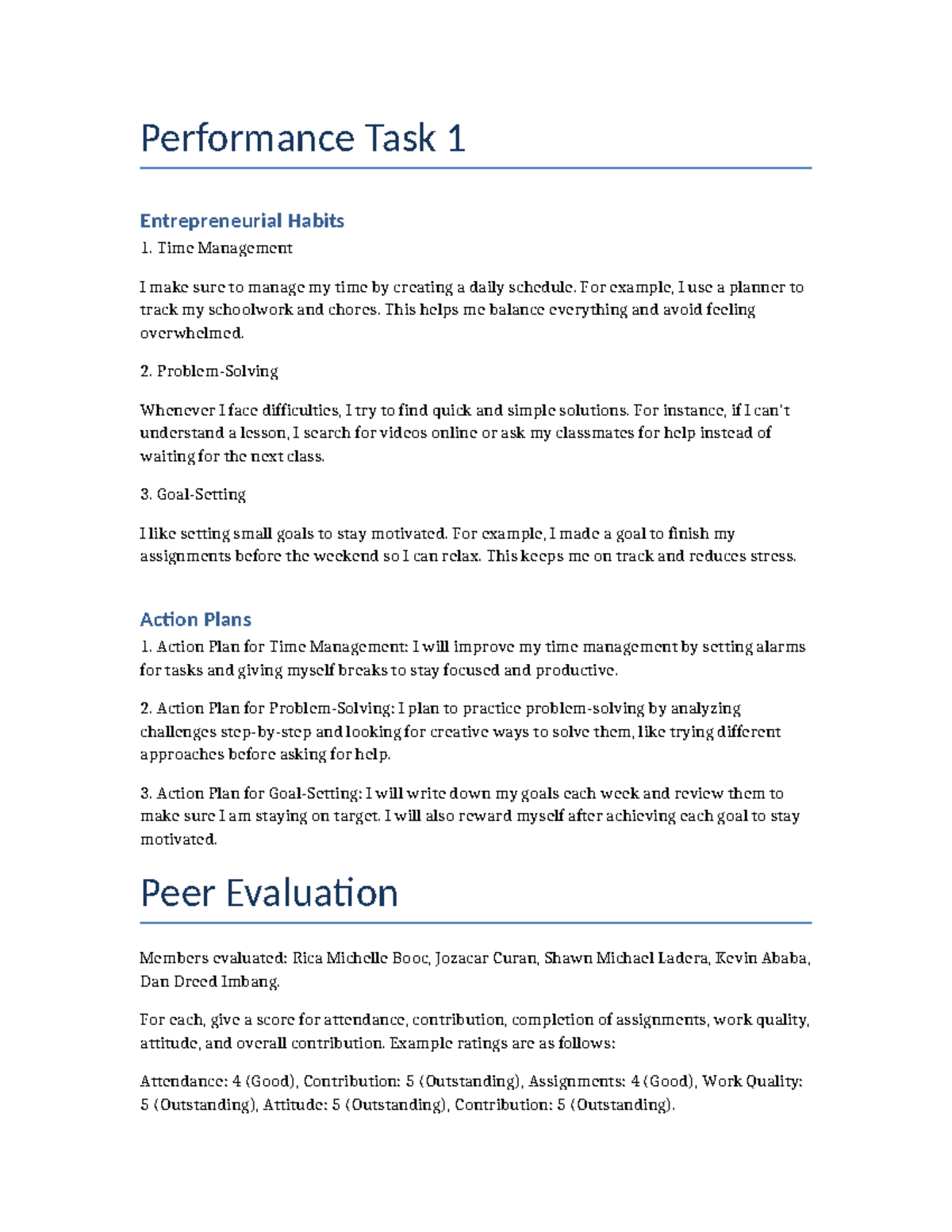 Performance Task Peer Evaluation - Performance Task 1 Entrepreneurial ...