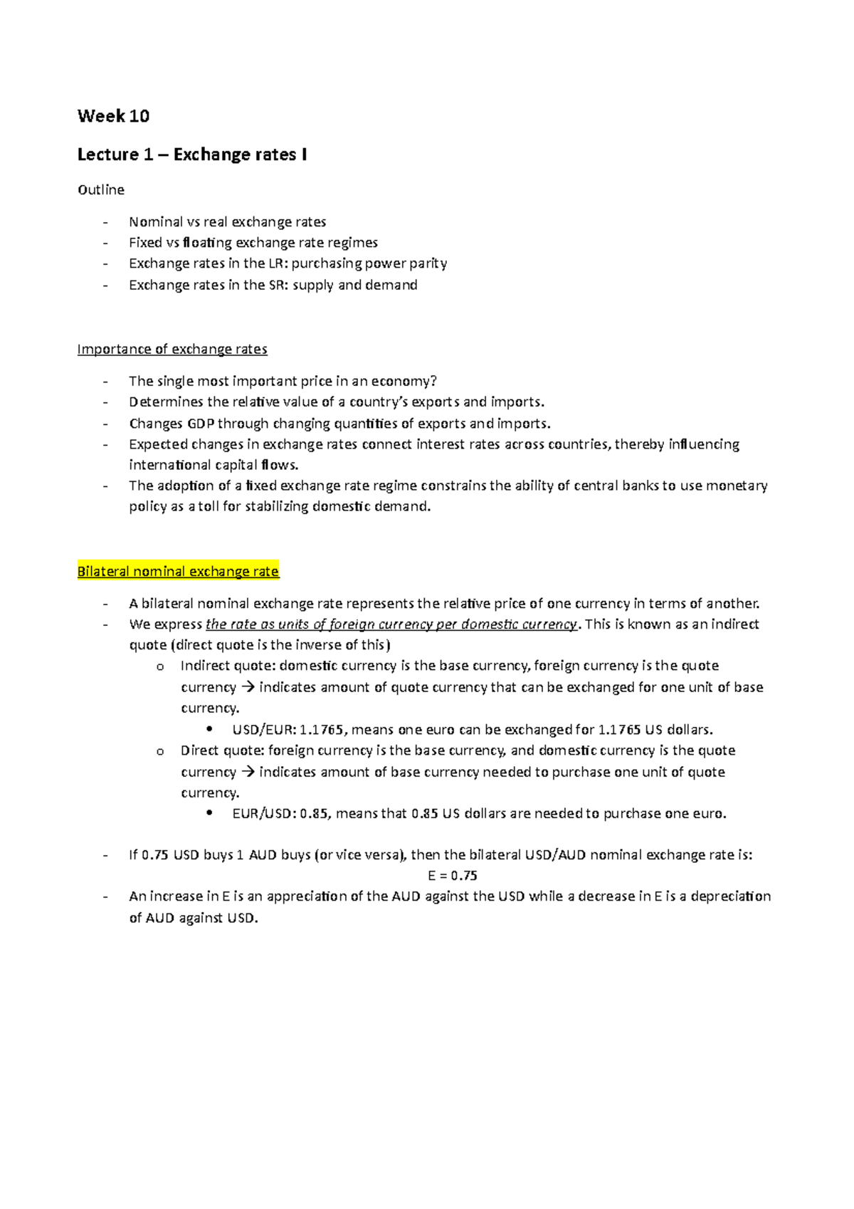 Week 10 - Exchange rate - Week 10 Lecture 1 – Exchange rates I Outline ...