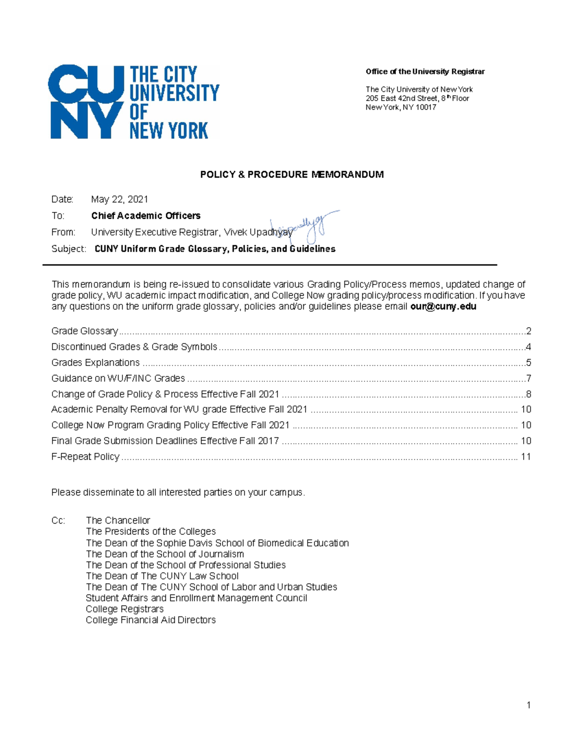 CUNY Uniform Grade Glossary Policies and Guidelines 05222021 1 POLICY