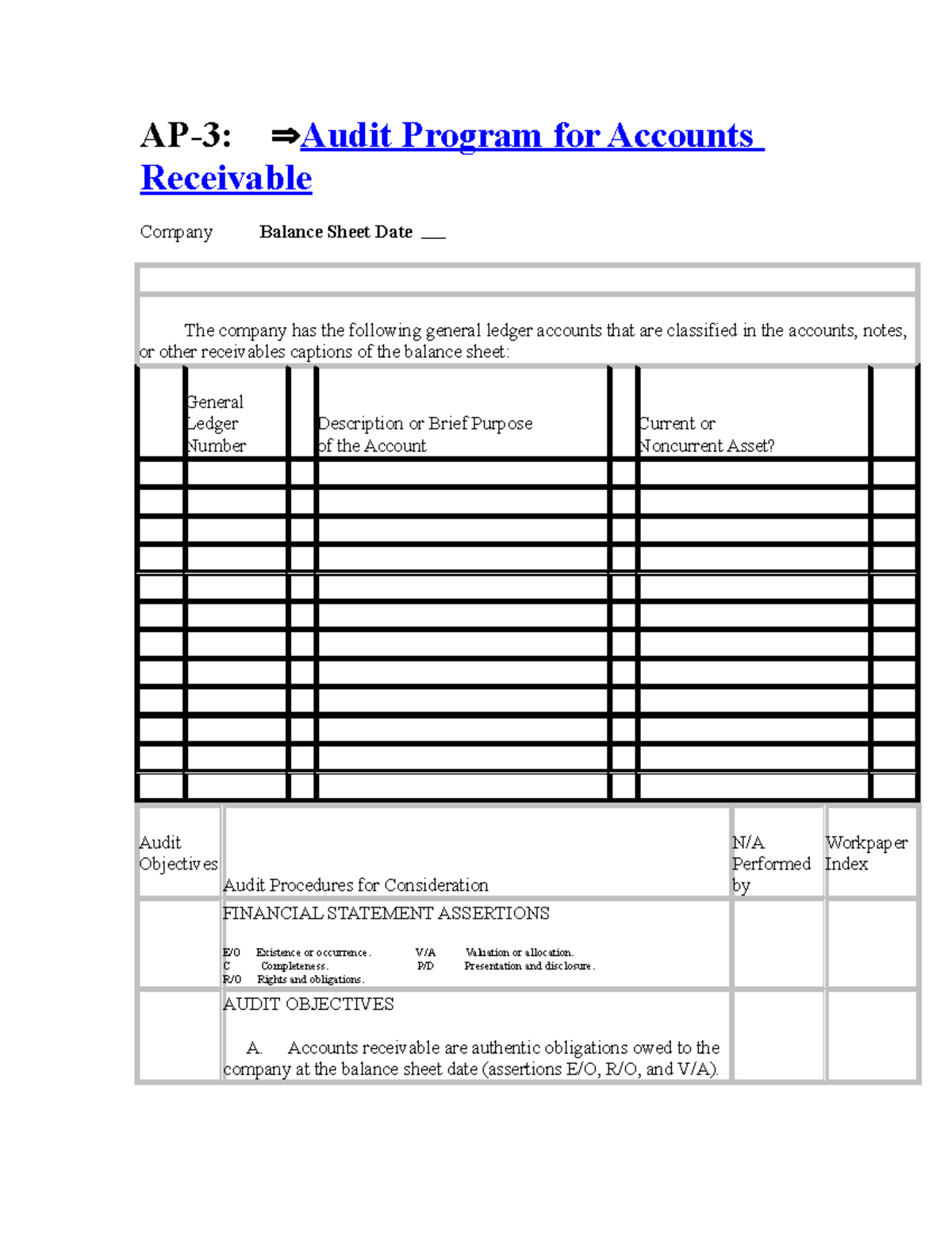 Accounts Receivable Program - AP-3: Audit Program for Accounts ...