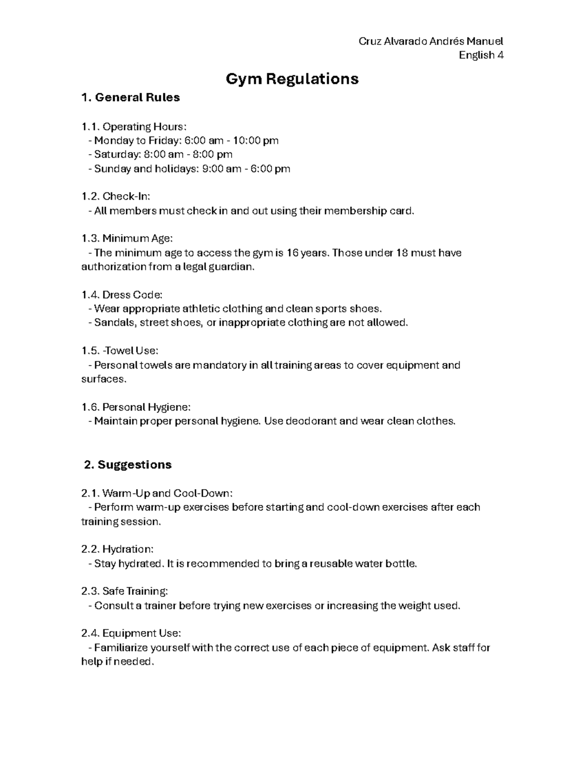Gym regulations project - Cruz Alvarado Andrés Manuel English 4 Gym ...