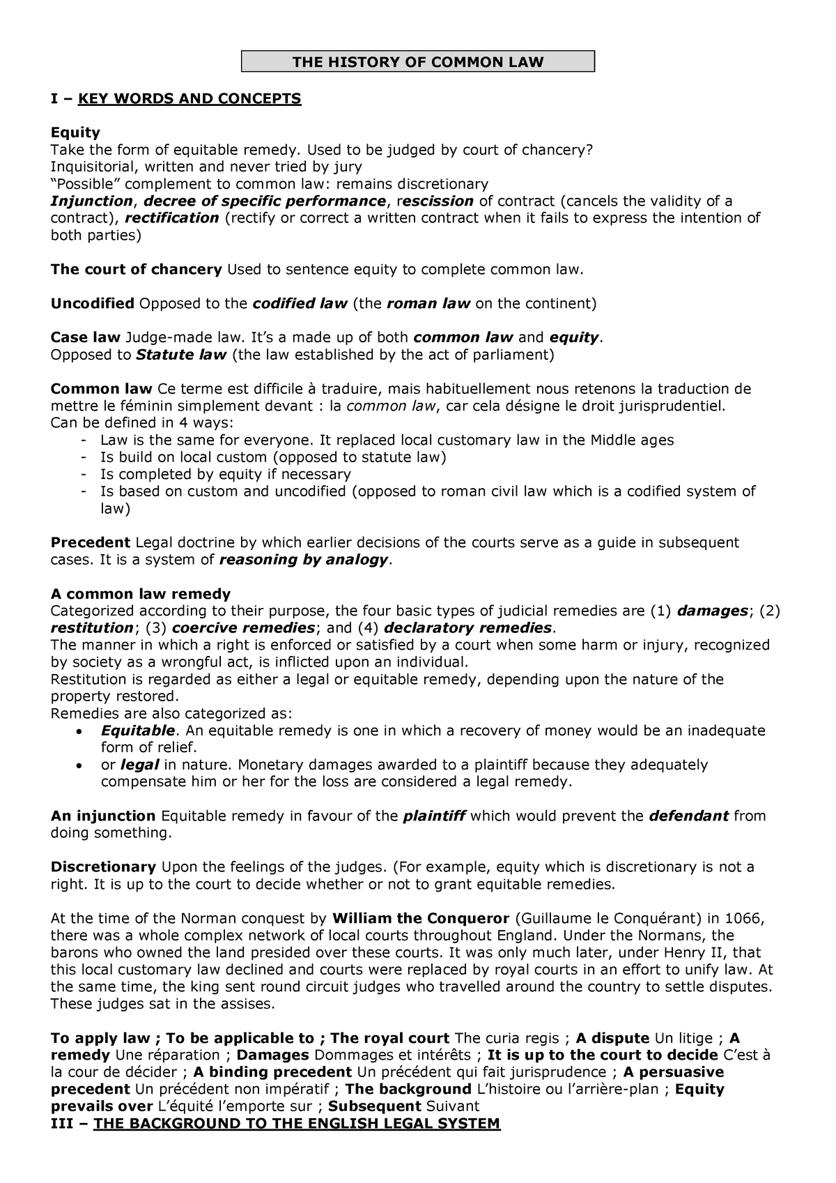 common-law-fiche-langue-anglaise-the-history-of-common-law-i-key