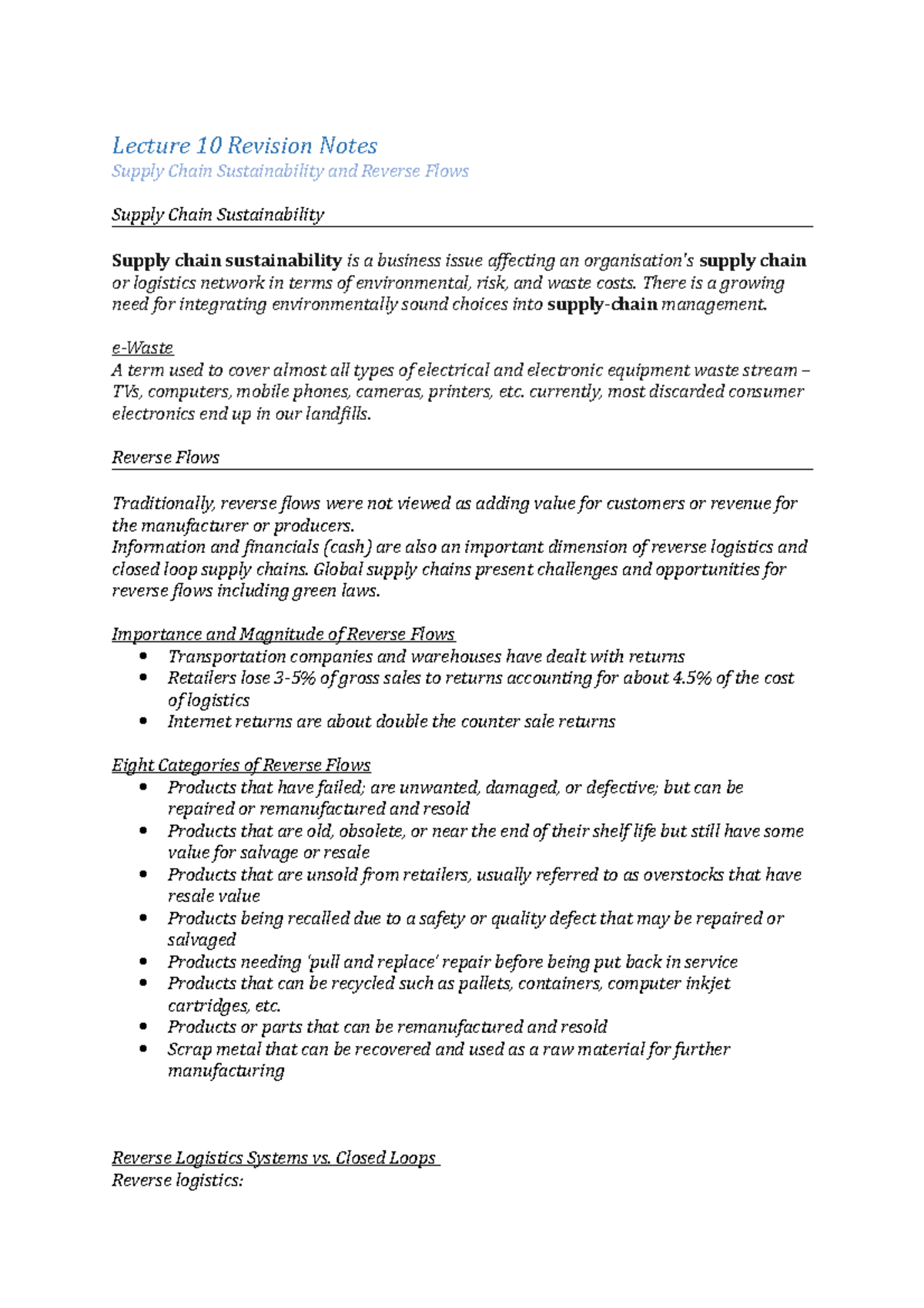 Lecture 10 Revision Notes - Lecture 10 Revision Notes Supply Chain ...
