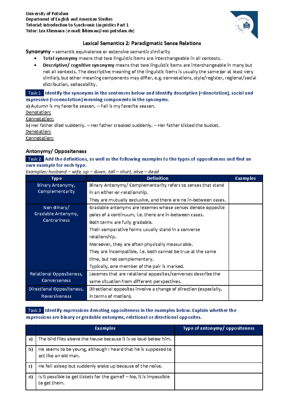 Week 10 Worksheet Wintersemester / Tutor Joanna Radack University