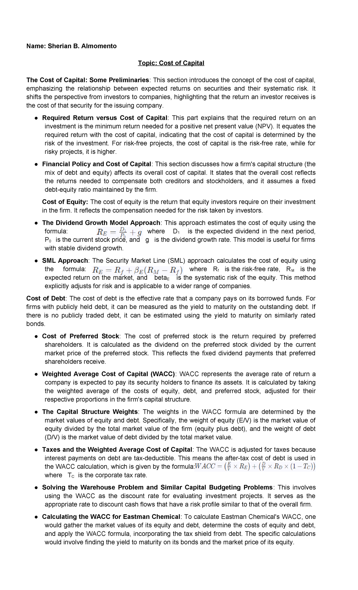 Written Report Cost of Capital - Name: Sherian B. Almomento Topic: Cost ...