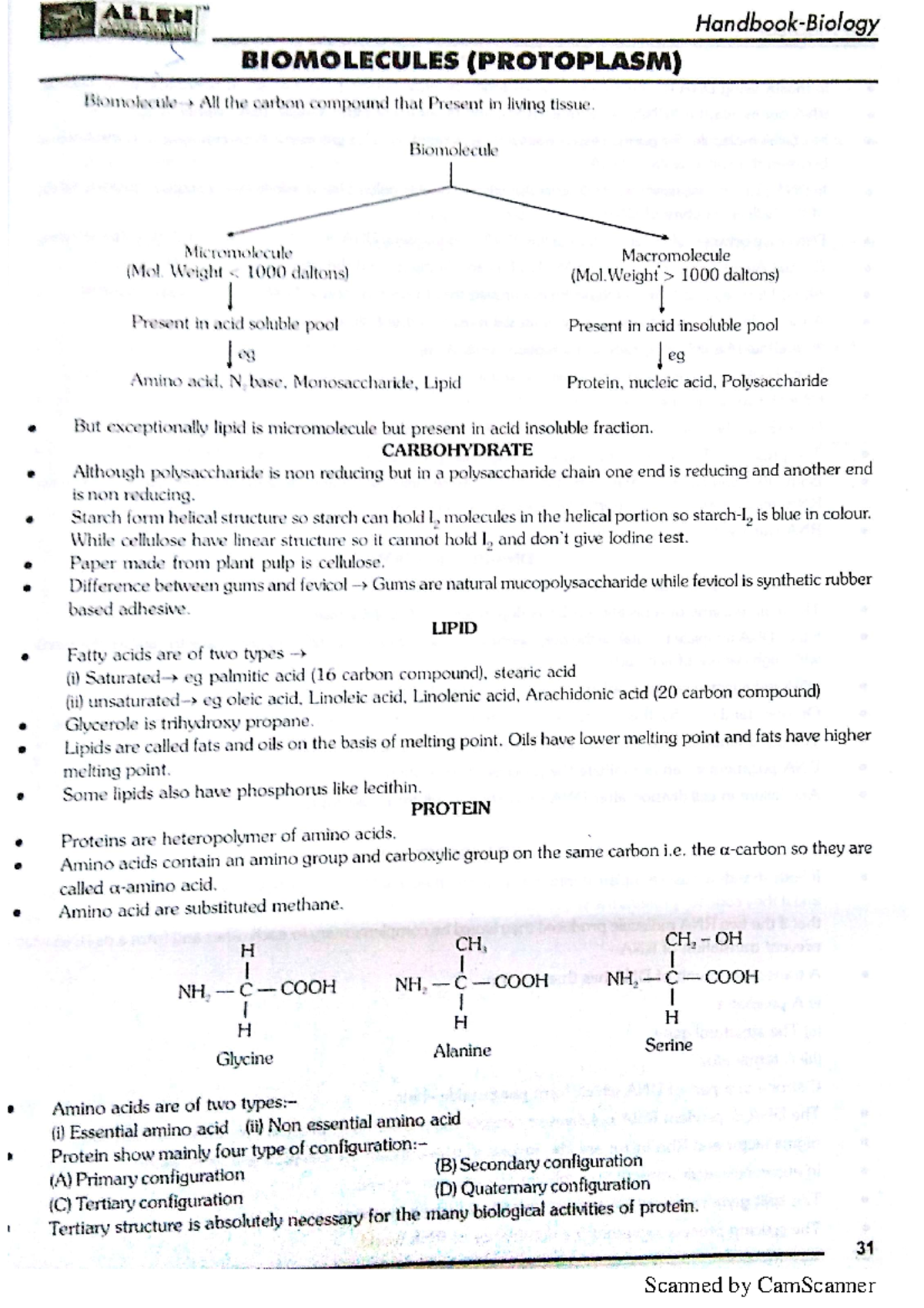 Biology handbook part-2 - ALLEN BIOMOLECULES (PROTOPLASM) Biomolecule ...