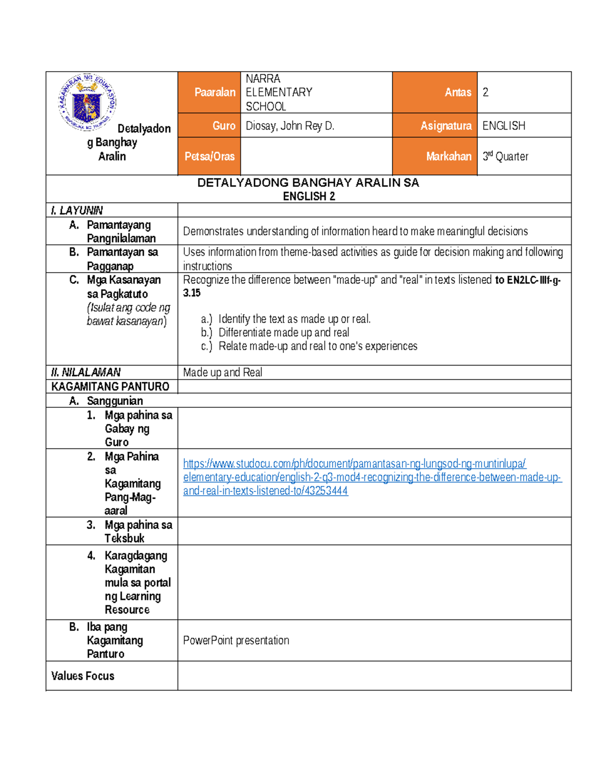 English - JUST A SAMPLE - Detalyadon g Banghay Aralin Paaralan NARRA ...