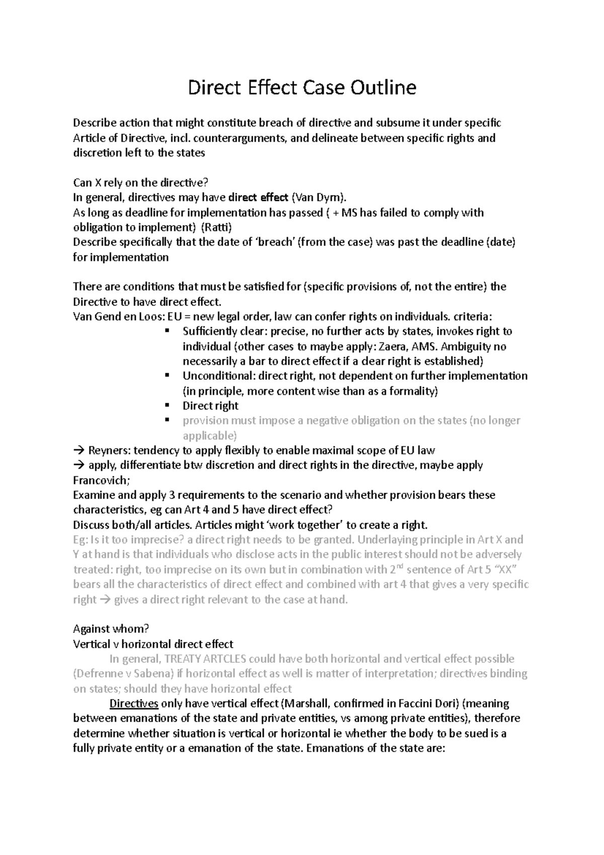 Direct Effect Case Outline - Direct Effect Case Outline Describe action ...