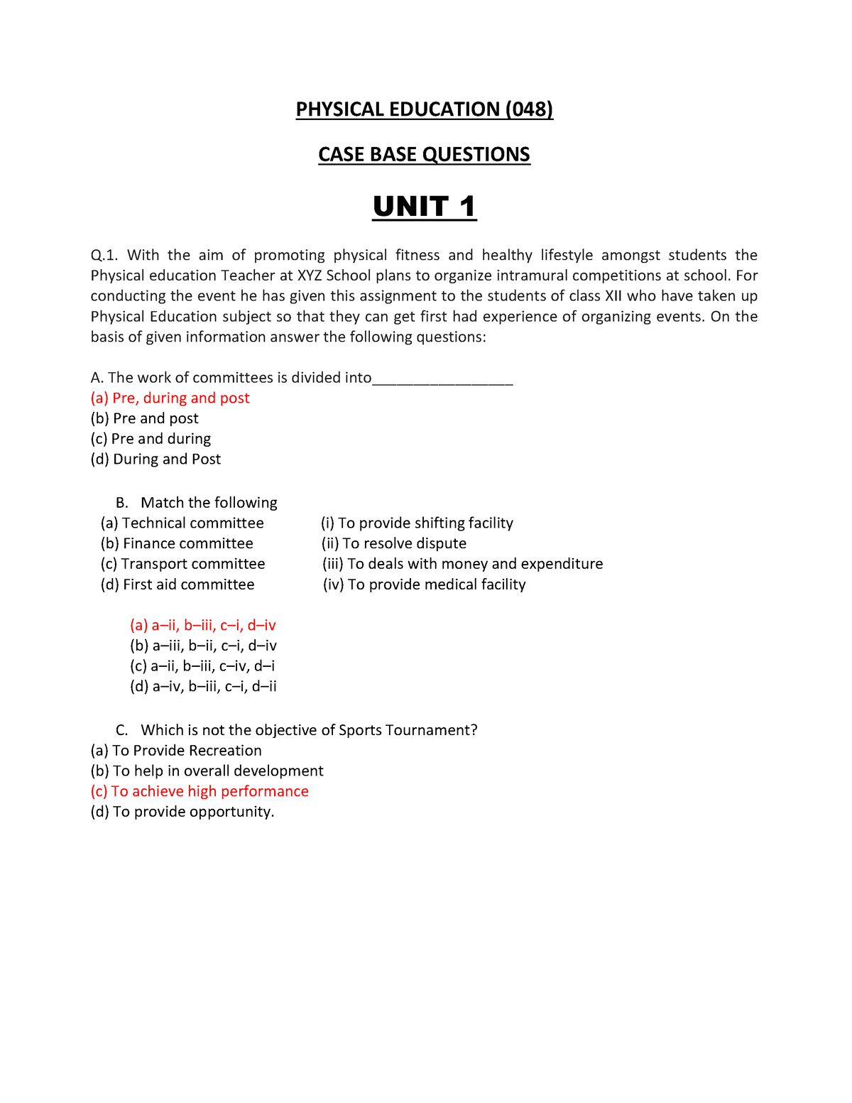 case study based questions of physical education class 11