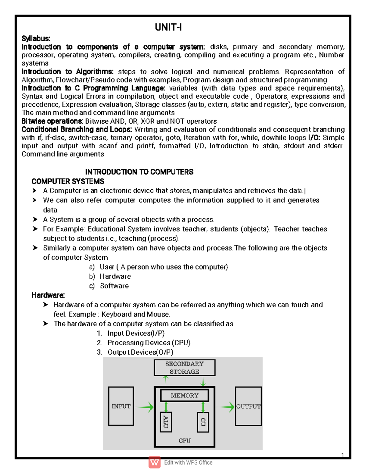 UNIT - 1 - UNIT-I Syllabus: Introduction to components of a computer ...
